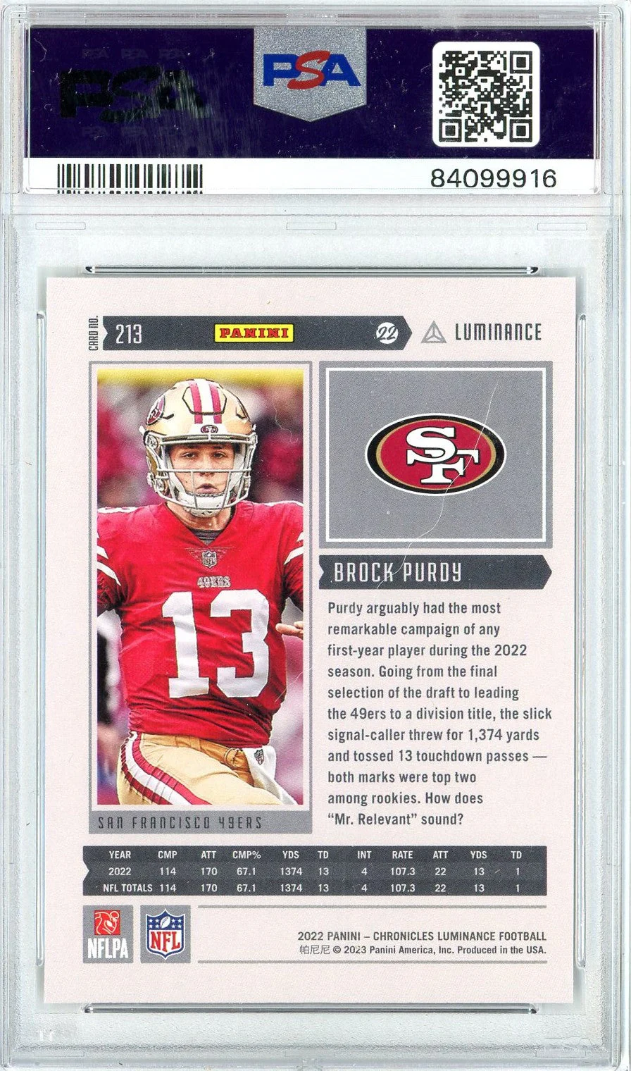 Graded 2022 Panini Chronicles Brock Purdy #213 Luminance Update Rookies Rookie RC Football Card PSA 10 Gem Mint - Image 2