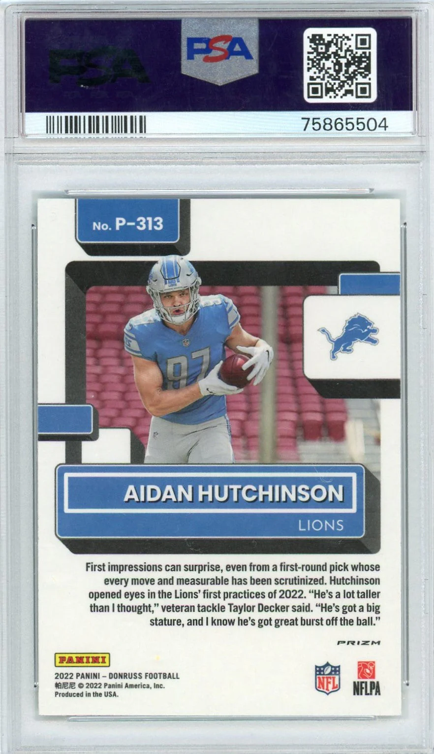 Graded 2022 Panini Donruss Aidan Hutchinson #P313 Optic Green Mojo Rookie RC Football Card PSA 10 Gem Mint - Image 2