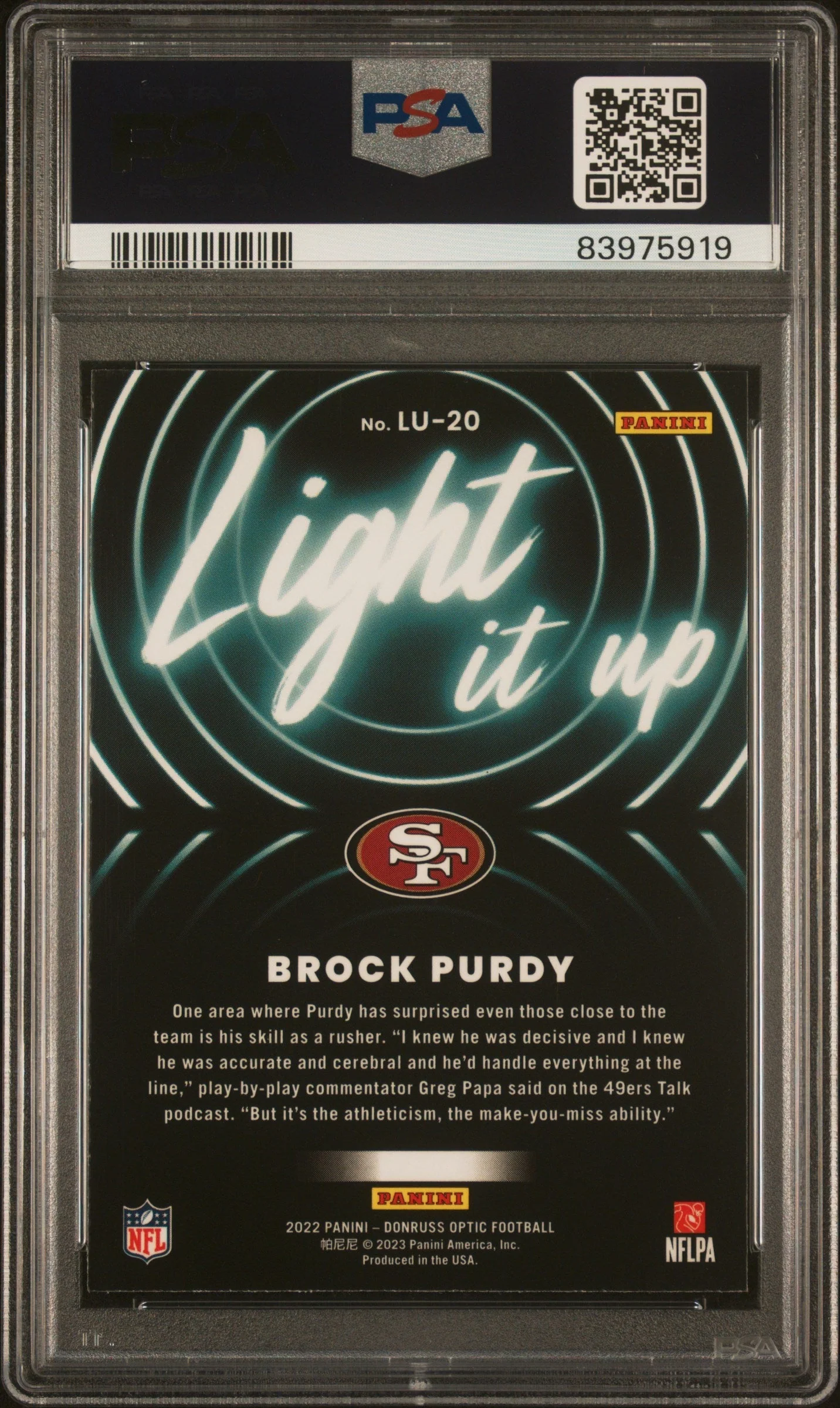 Graded 2022 Panini Donruss Optic Brock Purdy #LU20 Light It Up Rookie RC Football Card PSA 10 Gem Mint - Image 2
