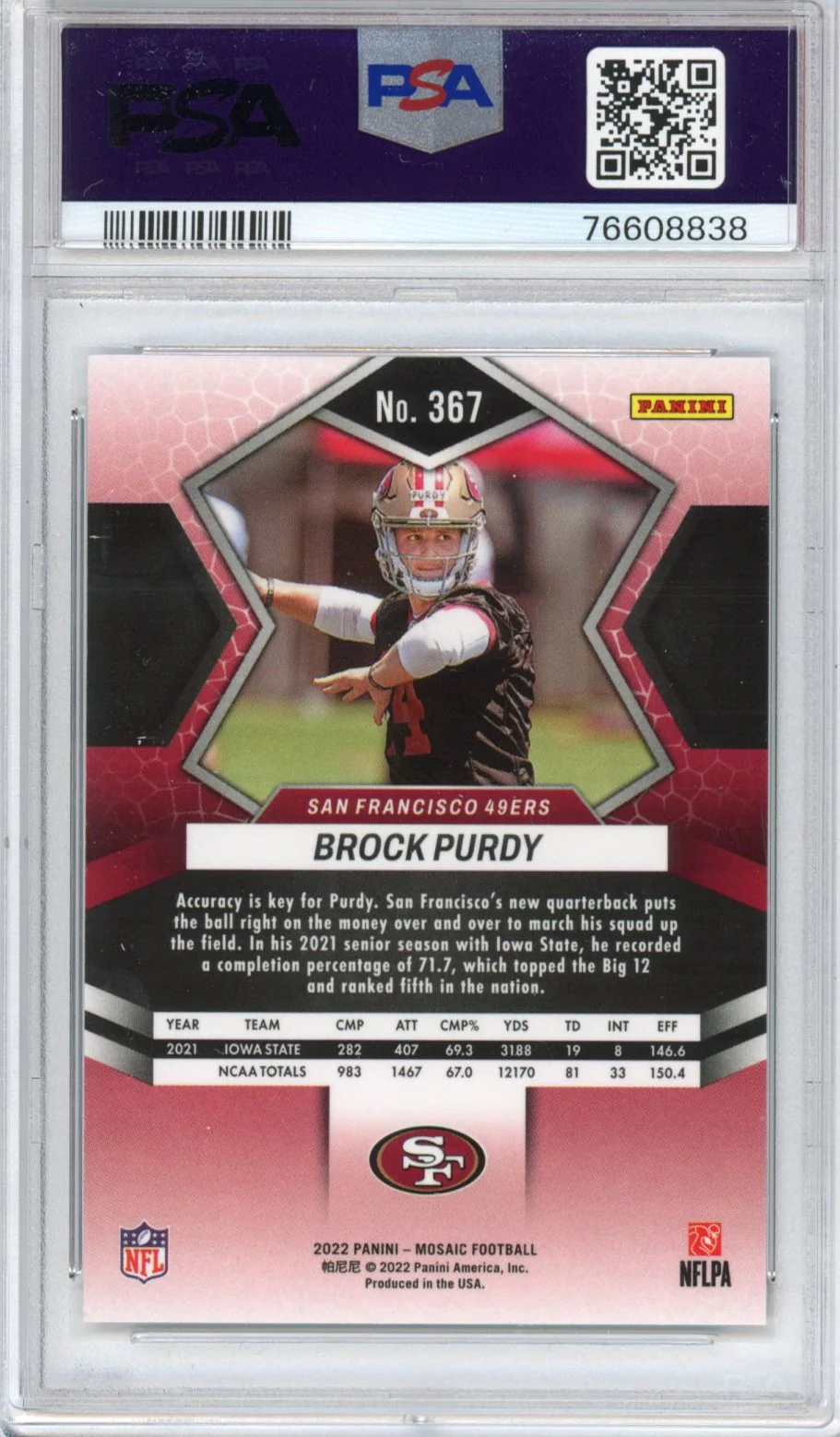 Graded 2022 Panini Mosaic Brock Purdy #367 Rookie RC Football Card PSA 10 Gem Mint - Image 2