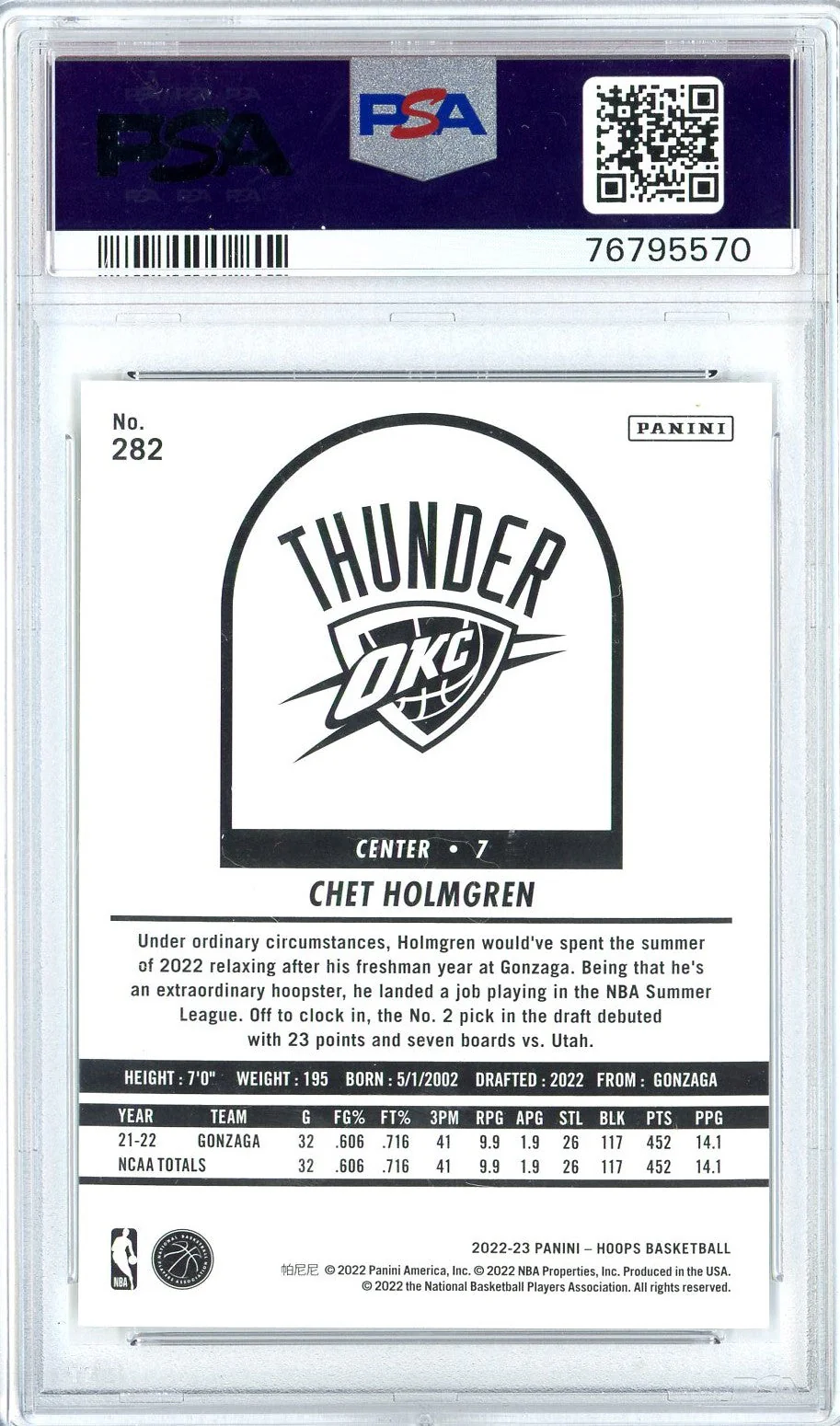Graded 2022 Panini NBA Hoops Chet Holmgren #282 Rookie RC Basketball Card PSA 10 Gem Mint - Image 2