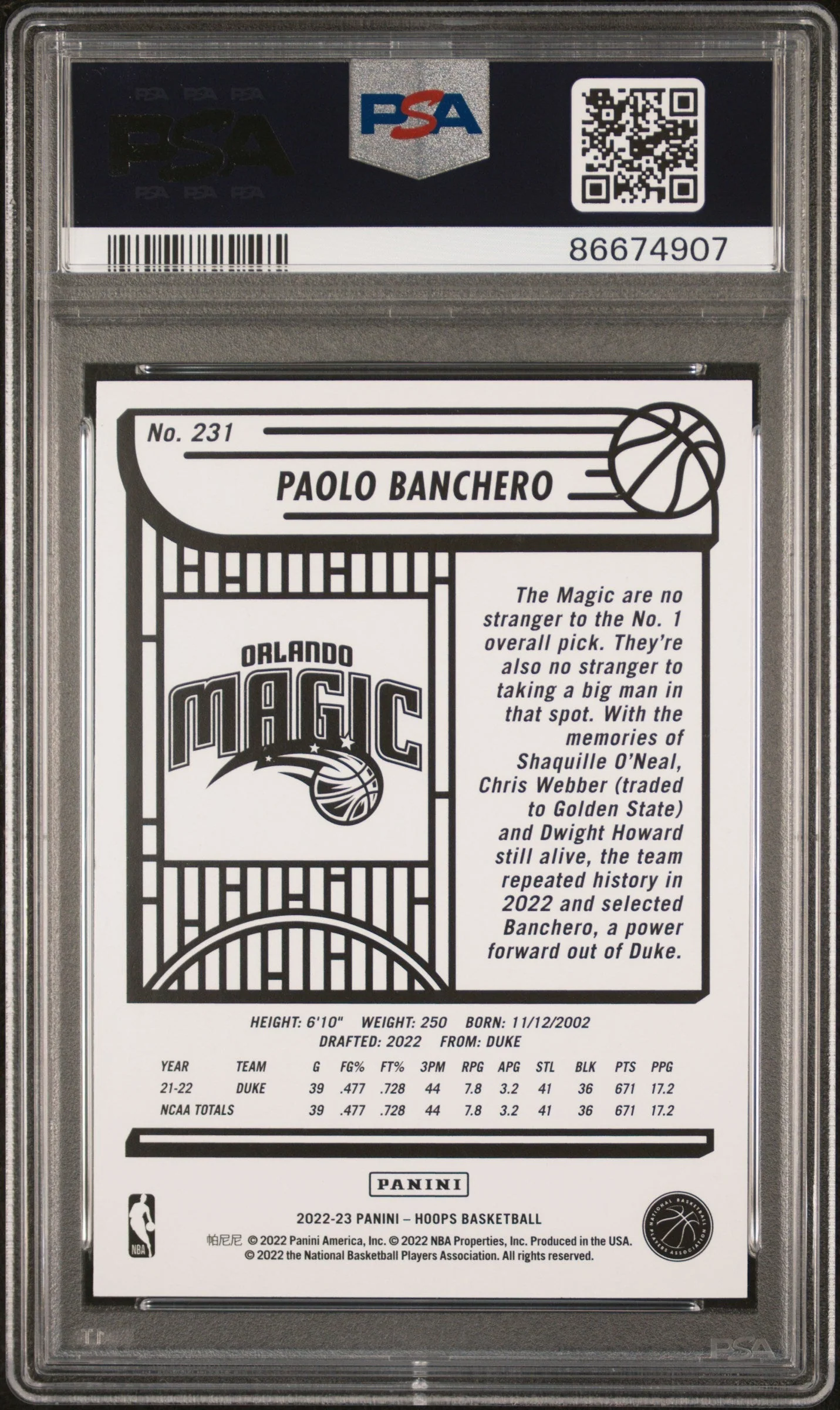 Graded 2022 Panini NBA Hoops Paolo Banchero #231  Rookie RC Basketball Card PSA 10 Gem Mint - Image 2