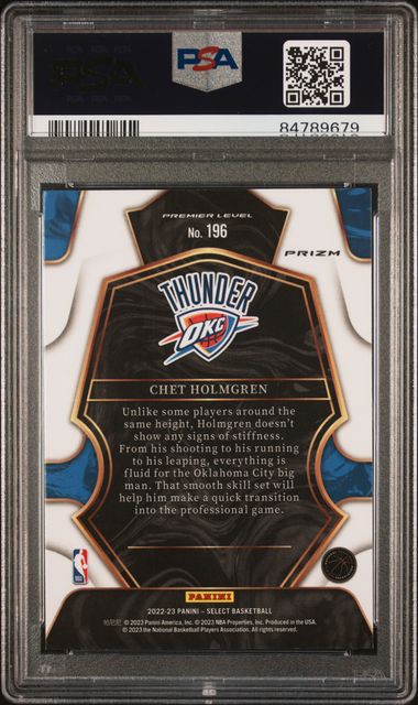 Graded 2022 Panini Select Chet Holmgren #196 Blue Prizm Rookie RC Basketball Card PSA 10 Gem Mint - Image 2