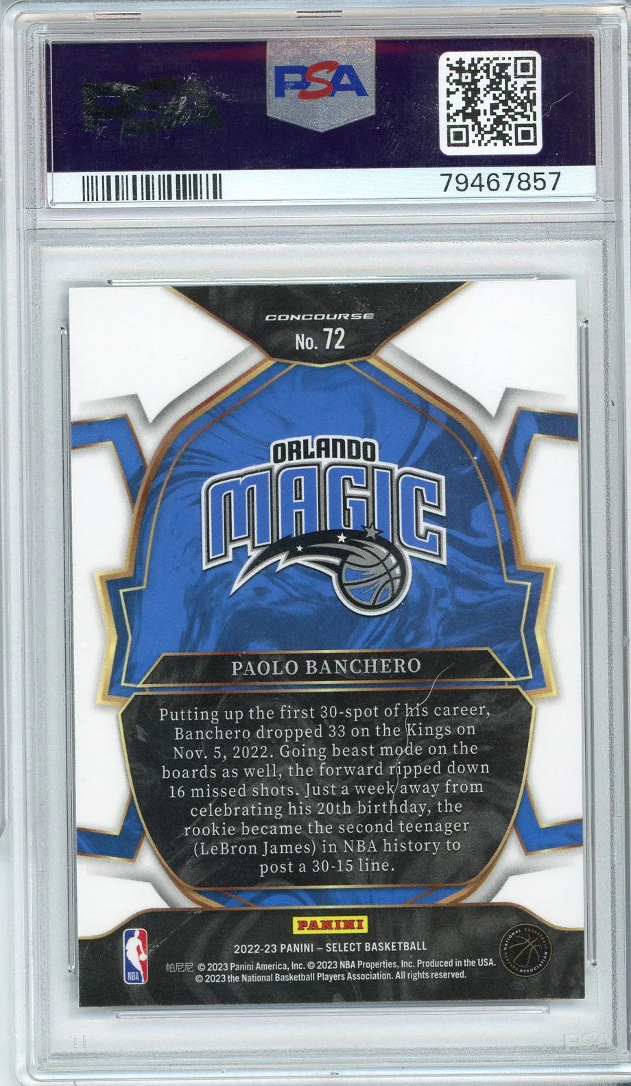 Graded 2022 Panini Select Paolo Banchero #72 Blue Rookie RC Basketball Card PSA 10 Gem Mint - Image 2