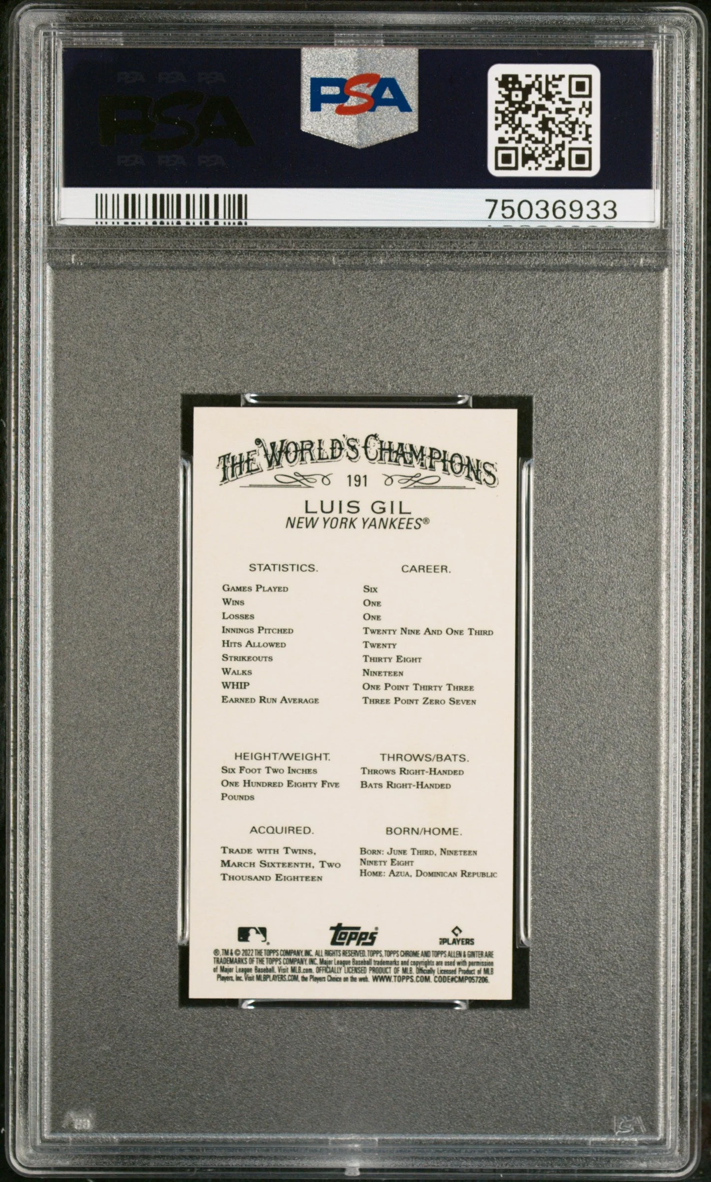 Graded 2022 Topps Allen & Ginter Chrome Luis Gil #191 Mini Rookie RC Baseball Card PSA 10 Gem Mint - Image 2