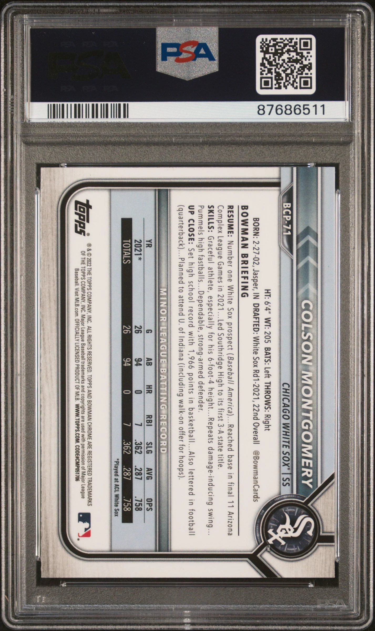 Graded 2022 Topps Bowman Colson Montgomery #BCP71 Chrome Prospects Rookie RC Baseball Card PSA 10 Gem Mint - Image 2
