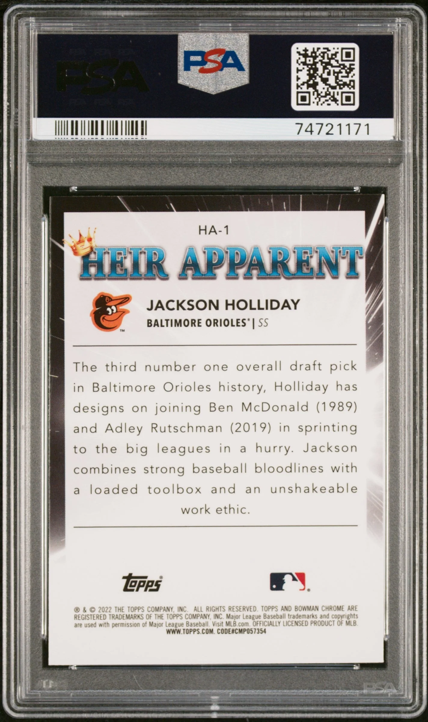 Graded 2022 Topps Bowman Draft Jackson Holliday #HA1 Heir Apparent Rookie RC Baseball Card PSA 10 Gem Mint - Image 2