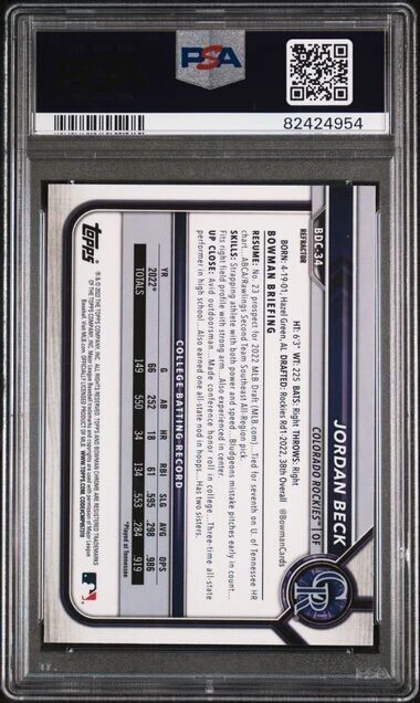 Graded 2022 Topps Bowman Draft Jordan Beck #BDC34 Chrome Refractor Rookie RC Baseball Card PSA 10 Gem Mint - Image 2