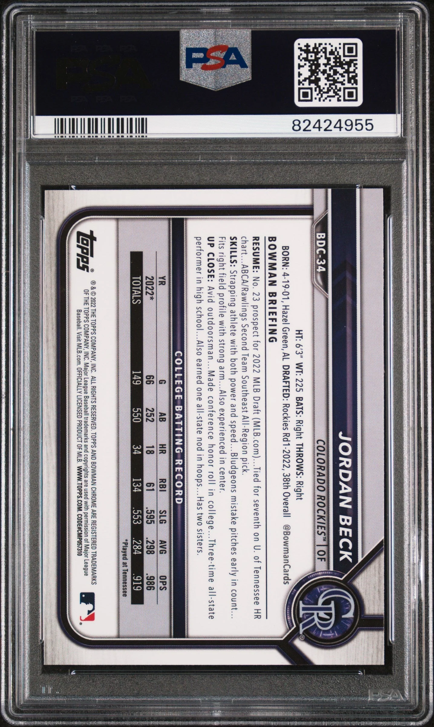 Graded 2022 Topps Bowman Draft Jordan Beck #BDC34 Chrome Rookie RC Baseball Card PSA 10 Gem Mint - Image 2