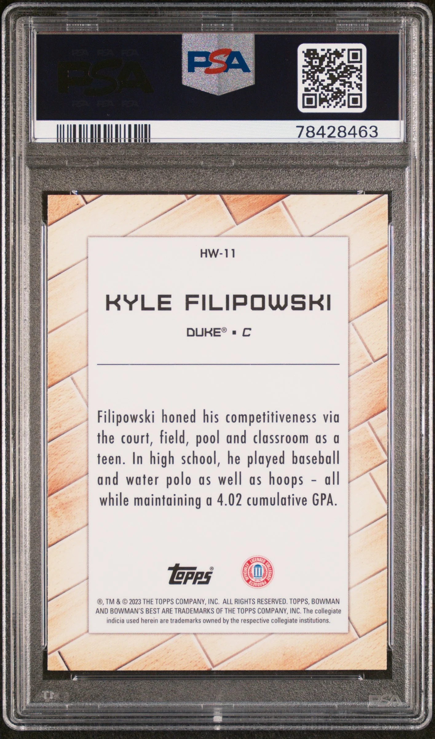 Graded 2022 Topps Bowman Univ Best Kyle Filipowski #HW11 Hardwood Warriors Rookie RC Basketball Card PSA 10 Gem Mint - Image 2