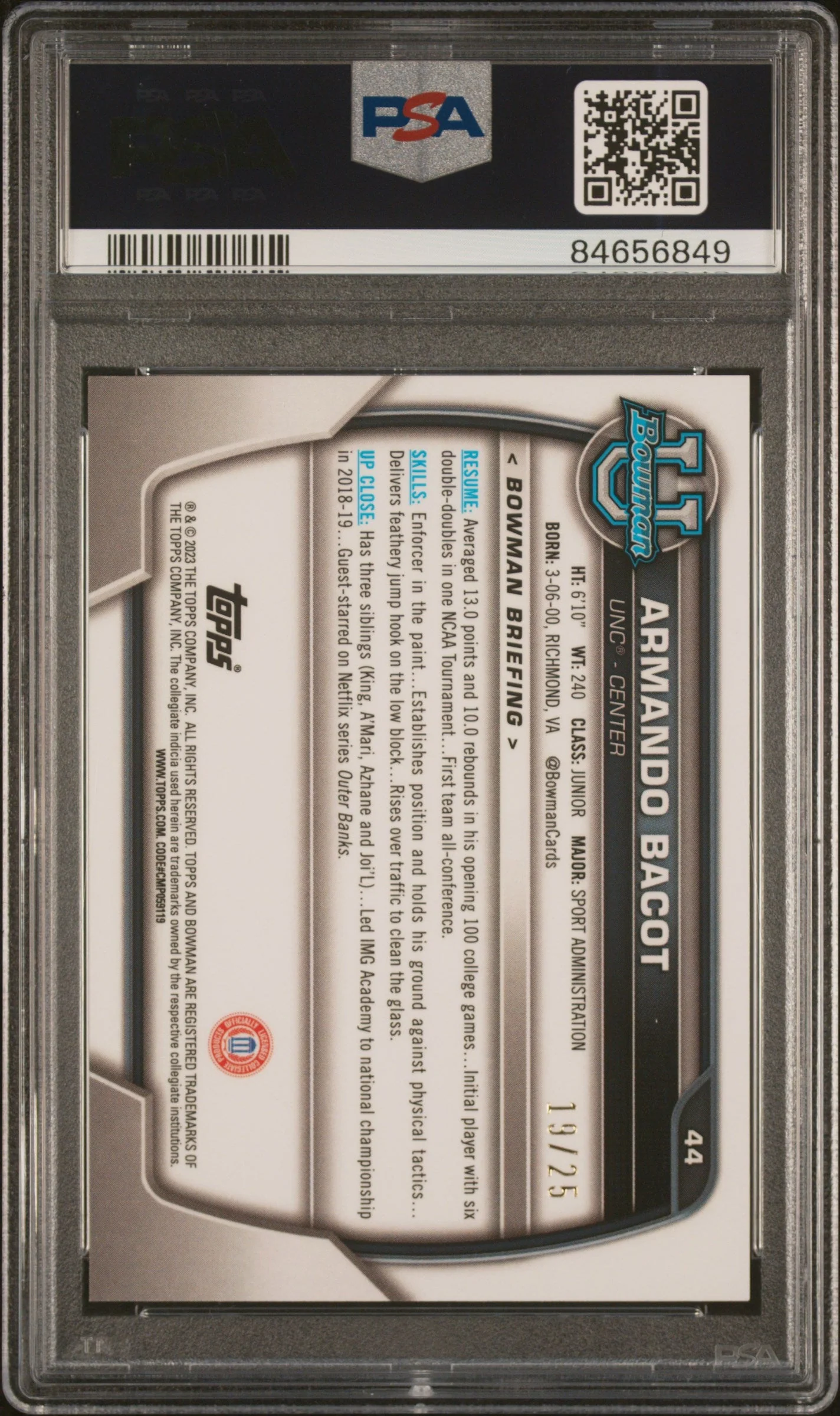 Graded 2022 Topps Bowman University Armando Bacot #44 Orange Refractor Rookie RC Basketball Card PSA 10 Gem Mint - Image 2