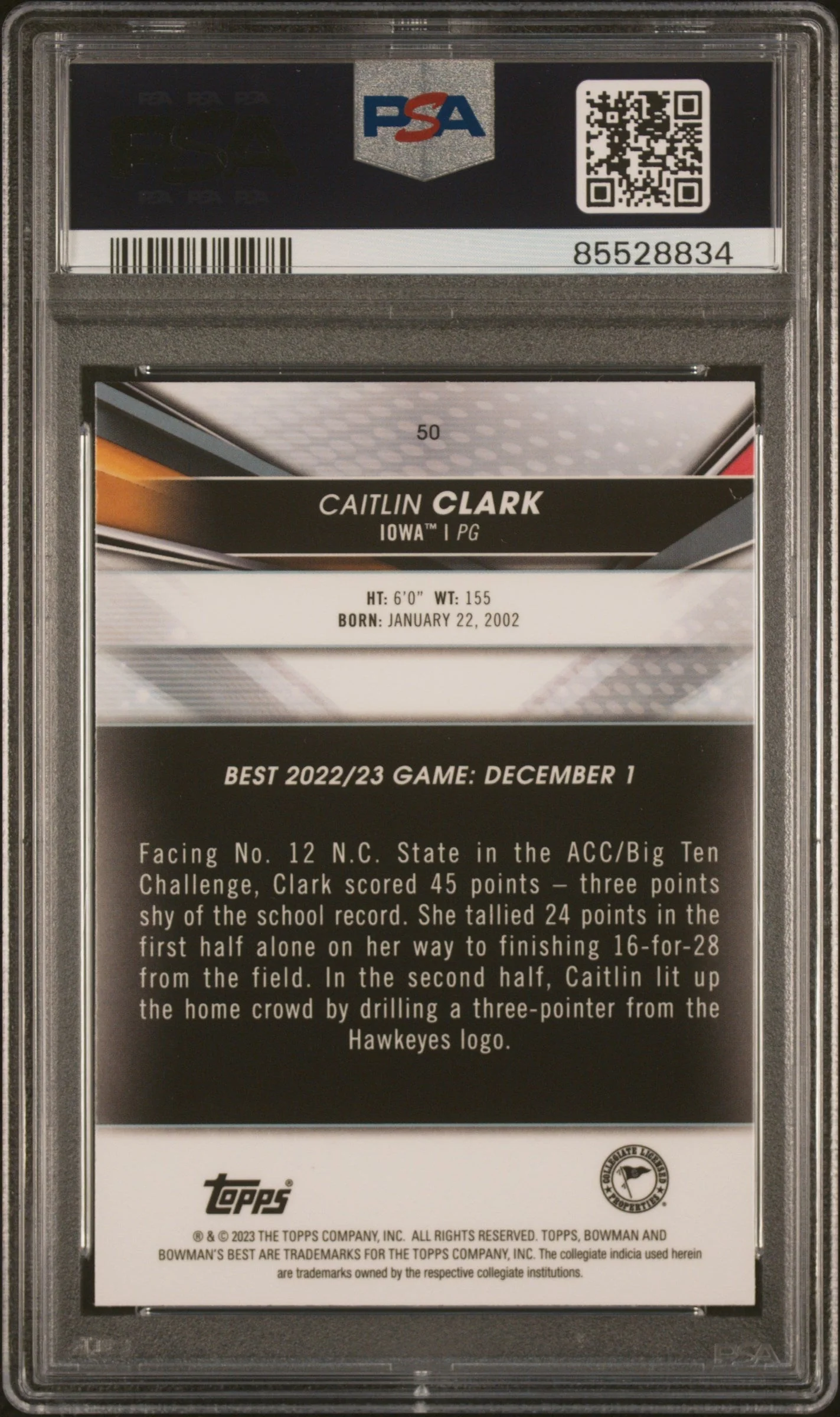 Graded 2022 Topps Bowman University Best Caitlin Clark #50 Rookie RC Basketball Card PSA 9 Mint - Image 2