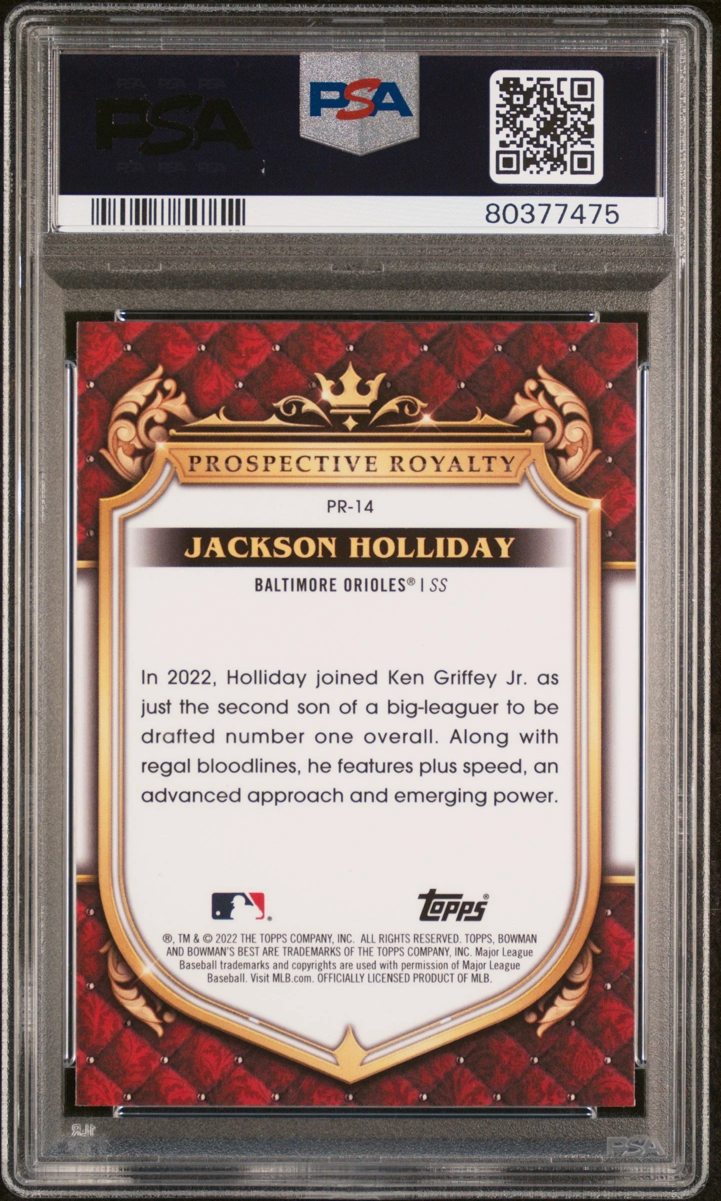 Graded 2022 Topps Bowmans Best Jackson Holliday #PR14 Prospective Royalty Rookie RC Baseball Card PSA 10 Gem Mint - Image 2