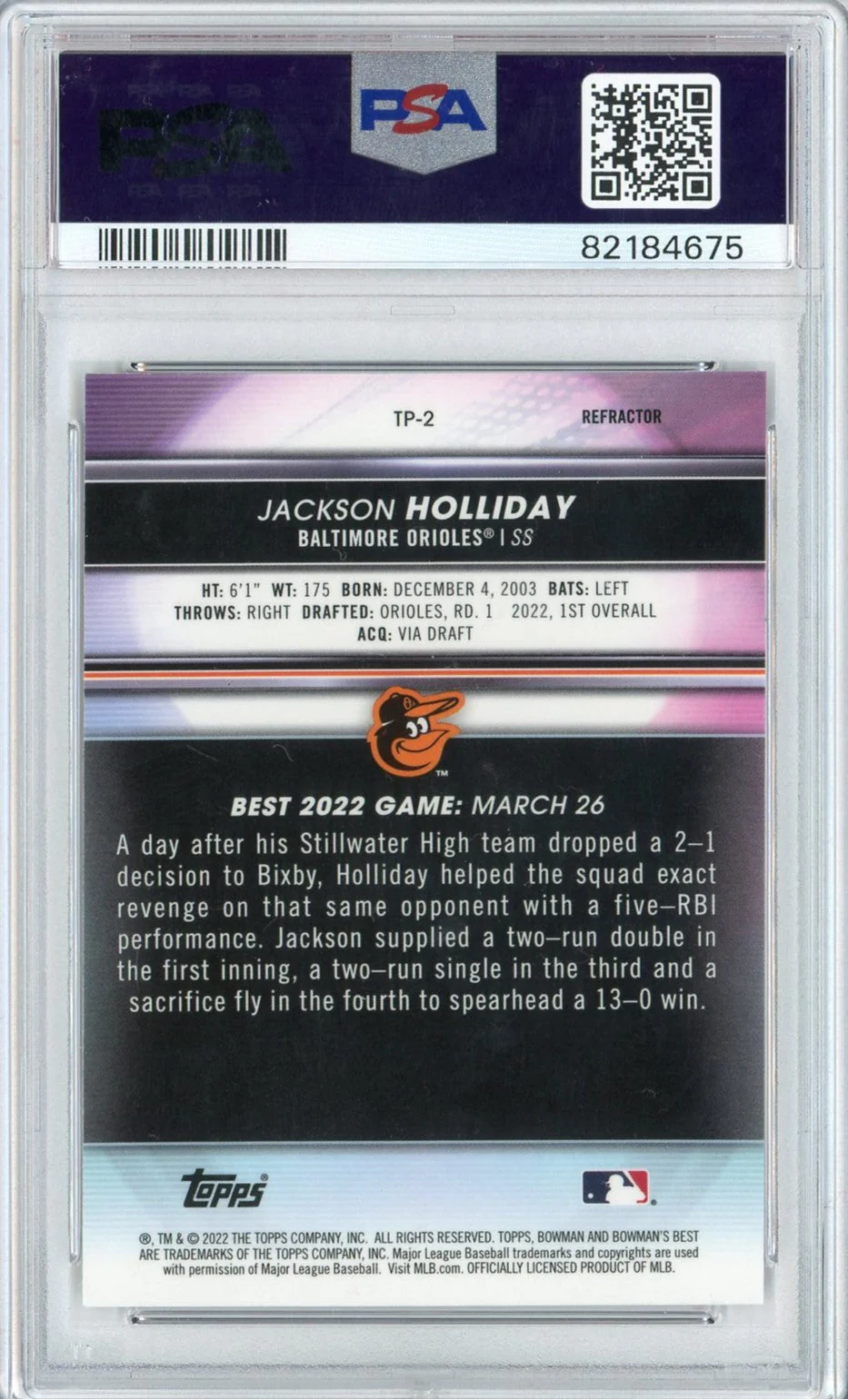 Graded 2022 Topps Bowmans Best Jackson Holliday #TP2 Top Prospects Refractor Rookie RC Baseball Card PSA 10 Gem Mint - Image 2