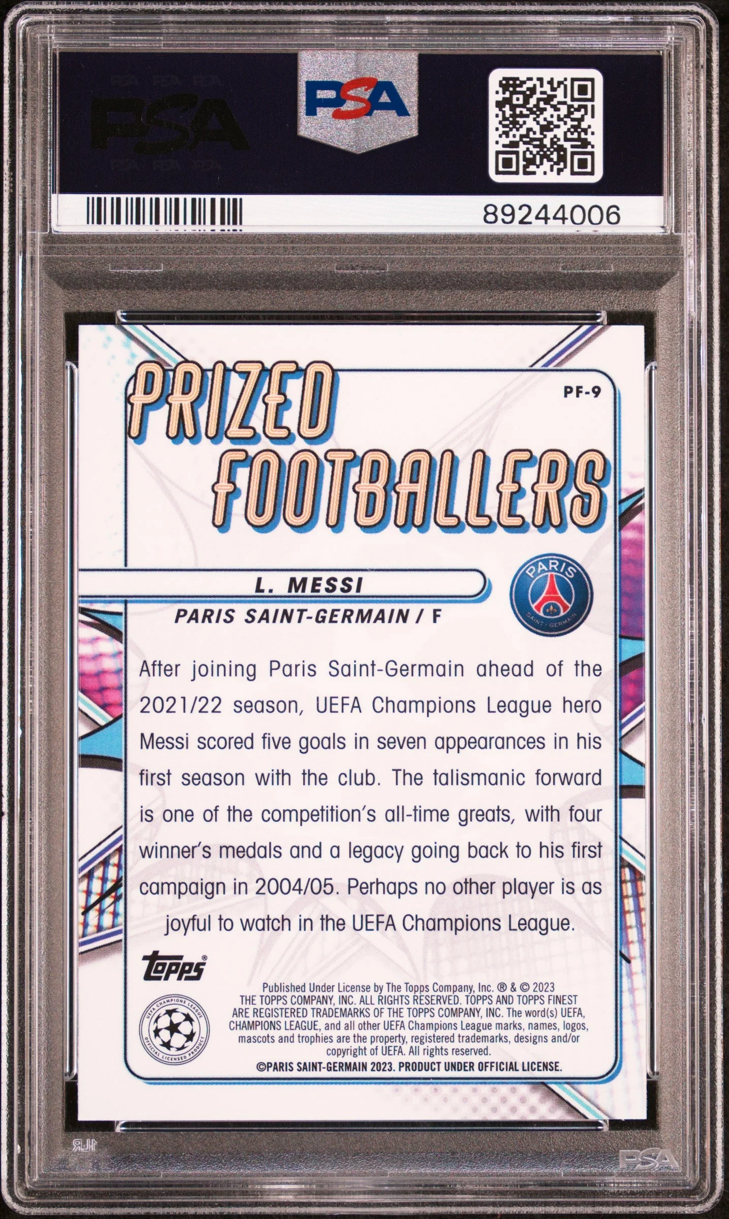 Graded 2022 Topps Finest UCC Lionel Messi #PF9 Prized Footballers Soccer Card PSA 10 Gem Mint - Image 2