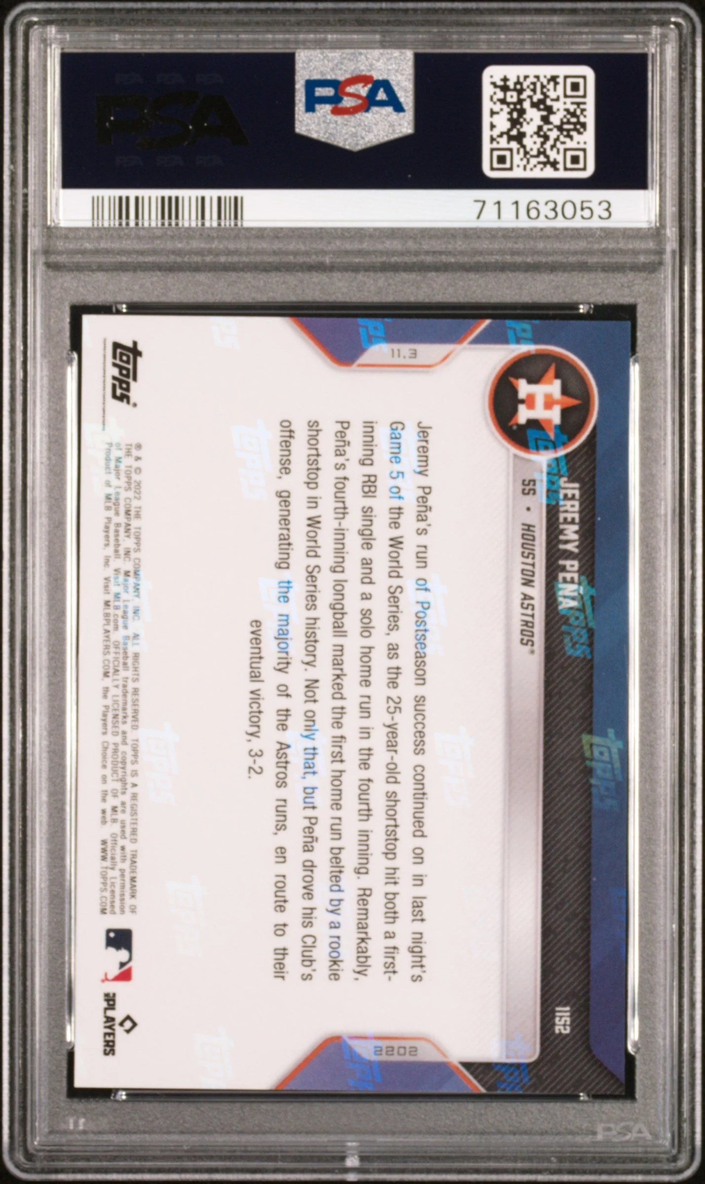 Graded 2022 Topps Now Jeremy Pena #1152 Rookie RC Baseball Card PSA 10 Gem Mint - Image 2