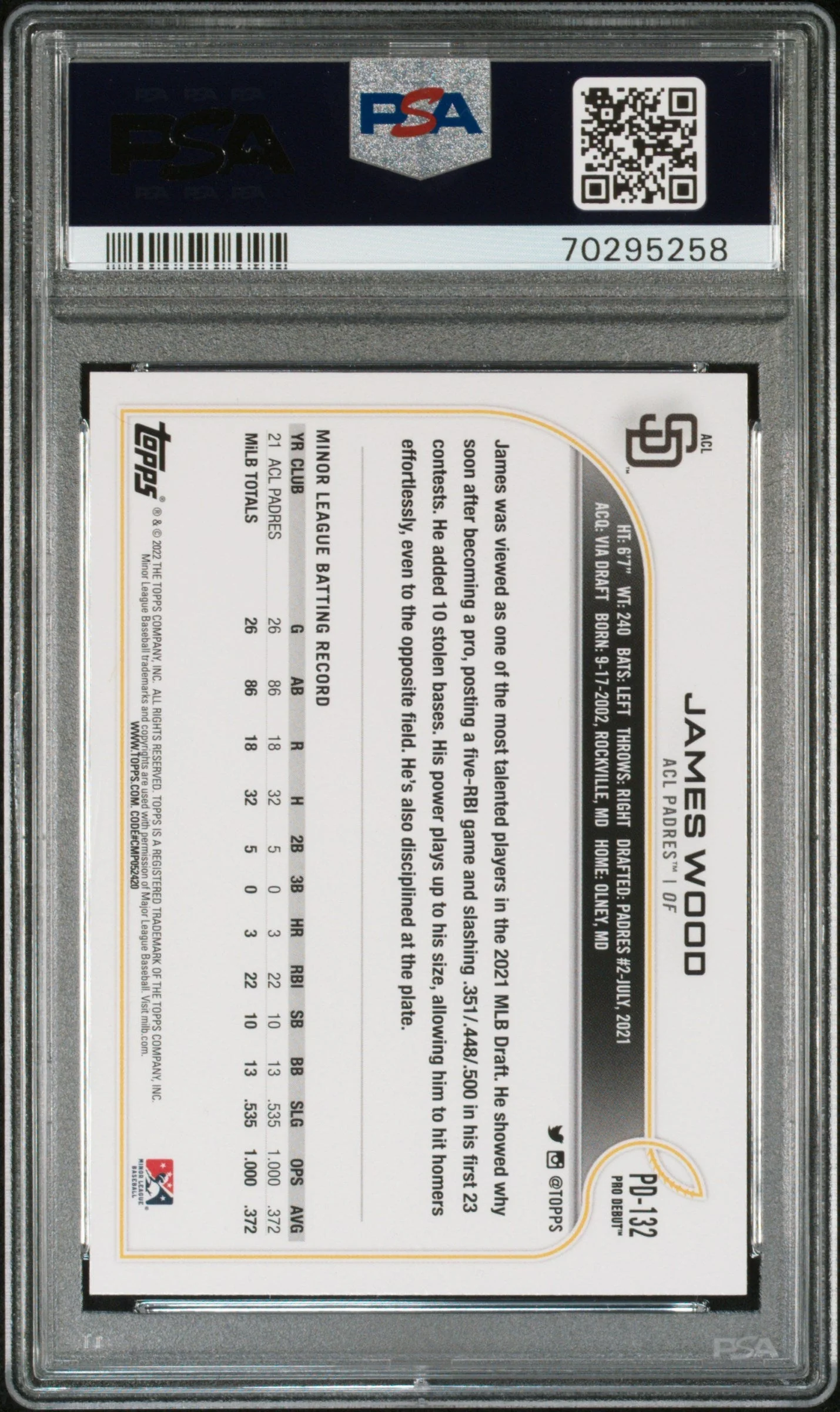 Graded 2022 Topps Pro Debut James Wood #PD132 Rookie RC Baseball Card PSA 10 Gem Mint - Image 2