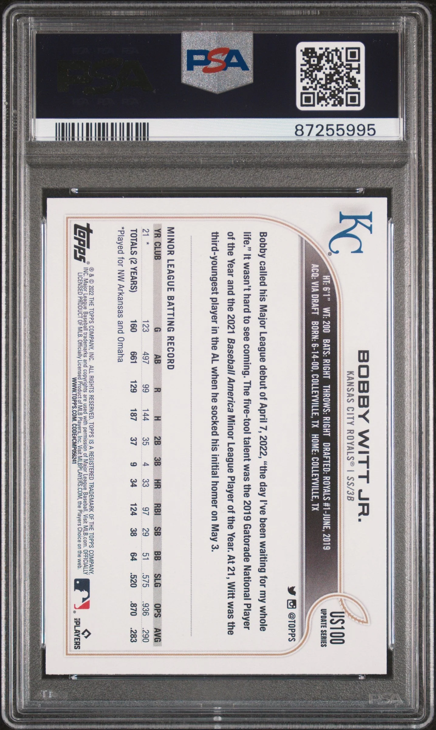 Graded 2022 Topps Update Bobby Witt Jr. #US100 Rookie RC Baseball Card PSA 10 Gem Mint - Image 2