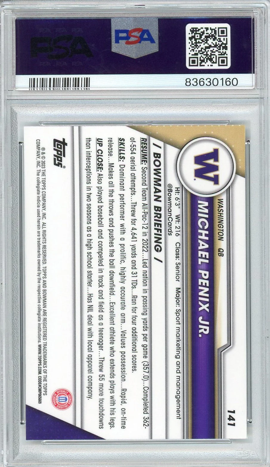 Graded 2023 Bowman U Chrome Michael Penix Jr. #141 Rookie RC Football Card PSA 10 Gem Mint - Image 2
