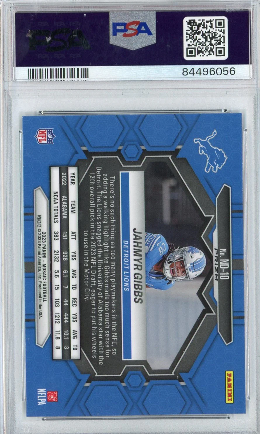 Graded 2023 Mosaic Jahmyr Gibbs #ND10 NFL Debut Reactive Blue Rookie RC Football Card PSA 10 Gem Mint - Image 2
