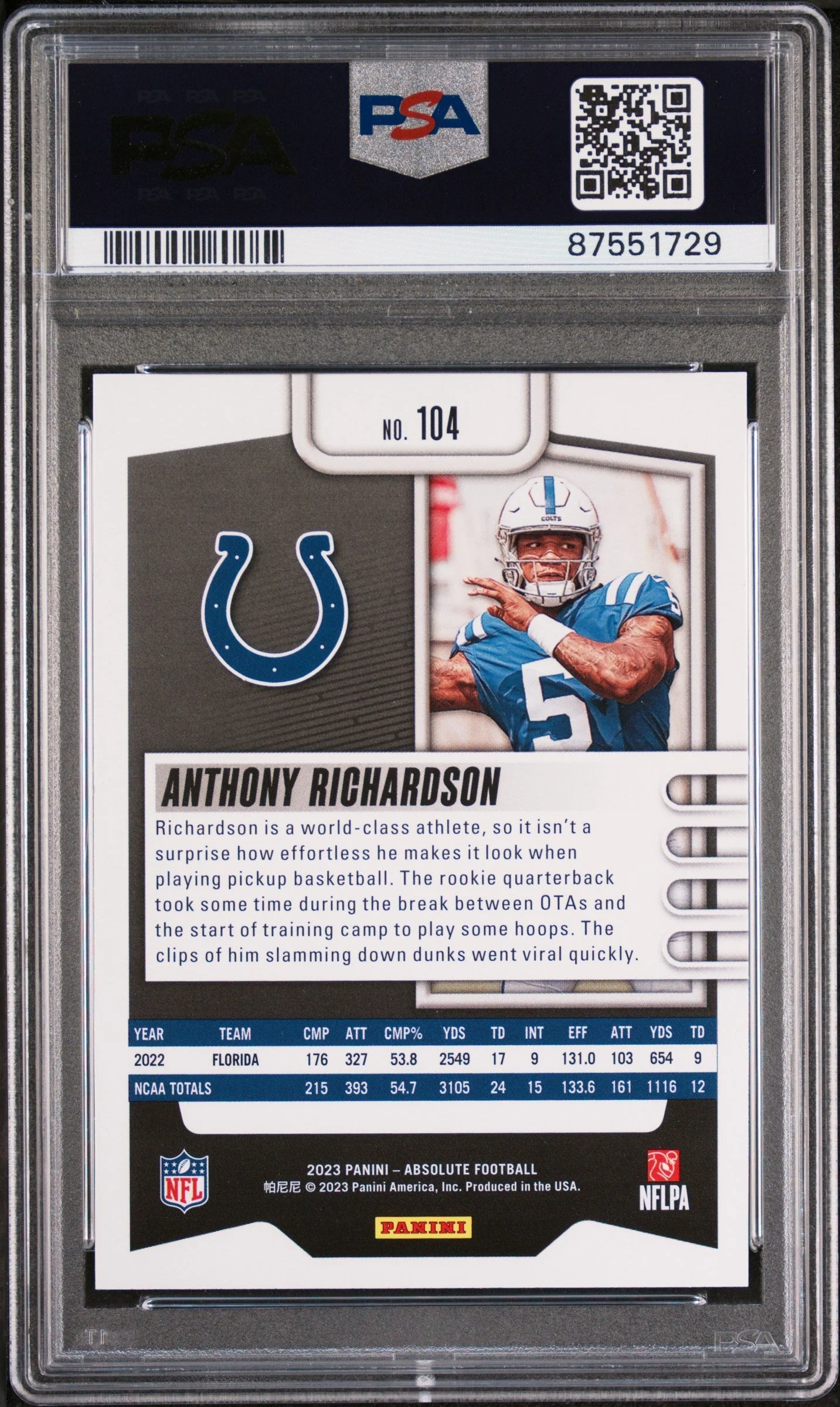Graded 2023 Panini Absolute Anthony Richardson #104 Rookie RC Football Card PSA 10 Gem Mint - Image 2
