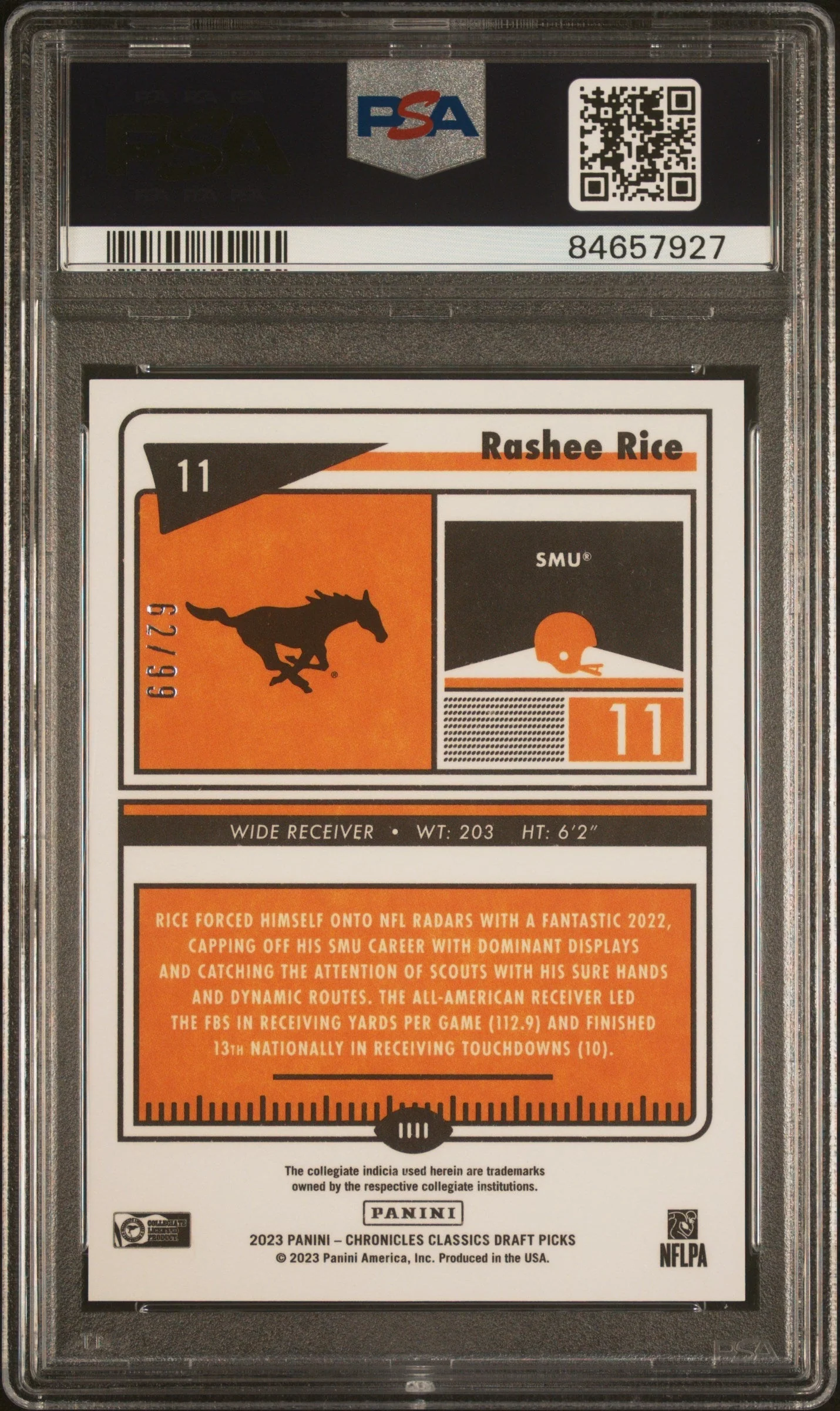 Graded 2023 Panini Chronicles DP Rashee Rice #11 Classics Premium Edition Blue #/99 Rookie RC Football Card PSA 10 Gem Mint - Image 2