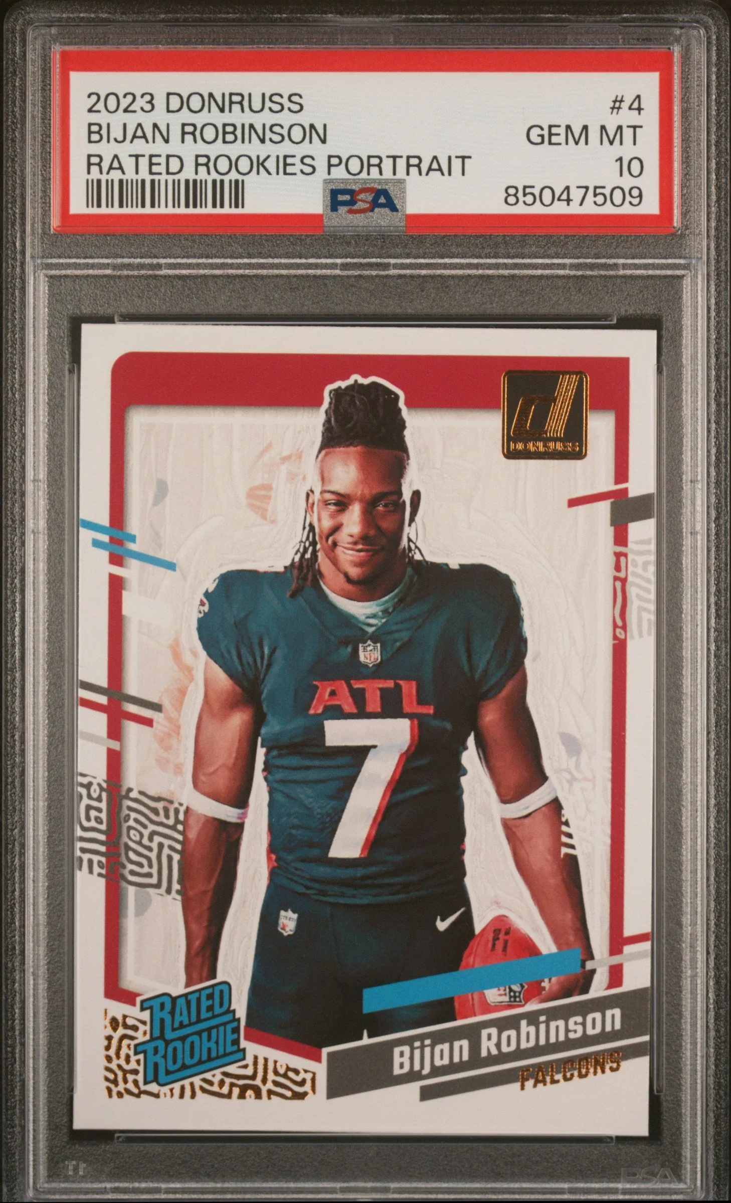 Graded 2023 Panini Donruss Bijan Robinson #4 Rated Rookies Portrait Rookie RC Football Card PSA 10 Gem Mint