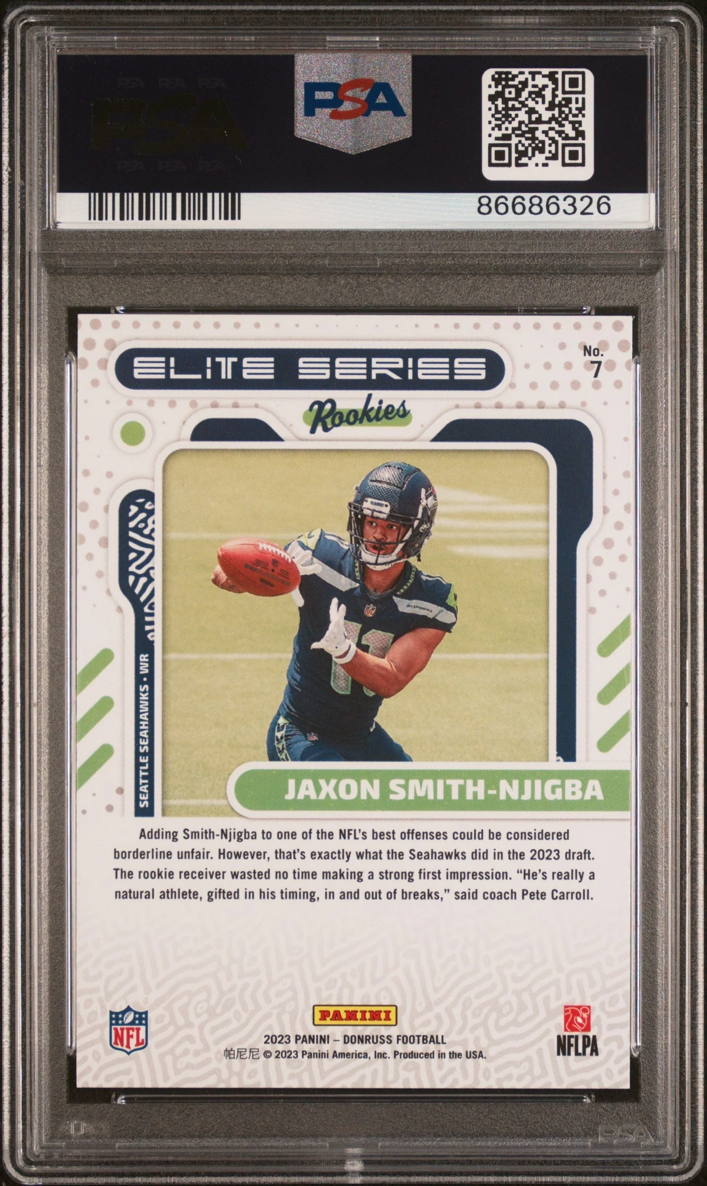 Graded 2023 Panini Donruss Jaxon Smith-Njigba #7 Elite Series Rookies RC Football Card PSA 10 Gem Mint - Image 2