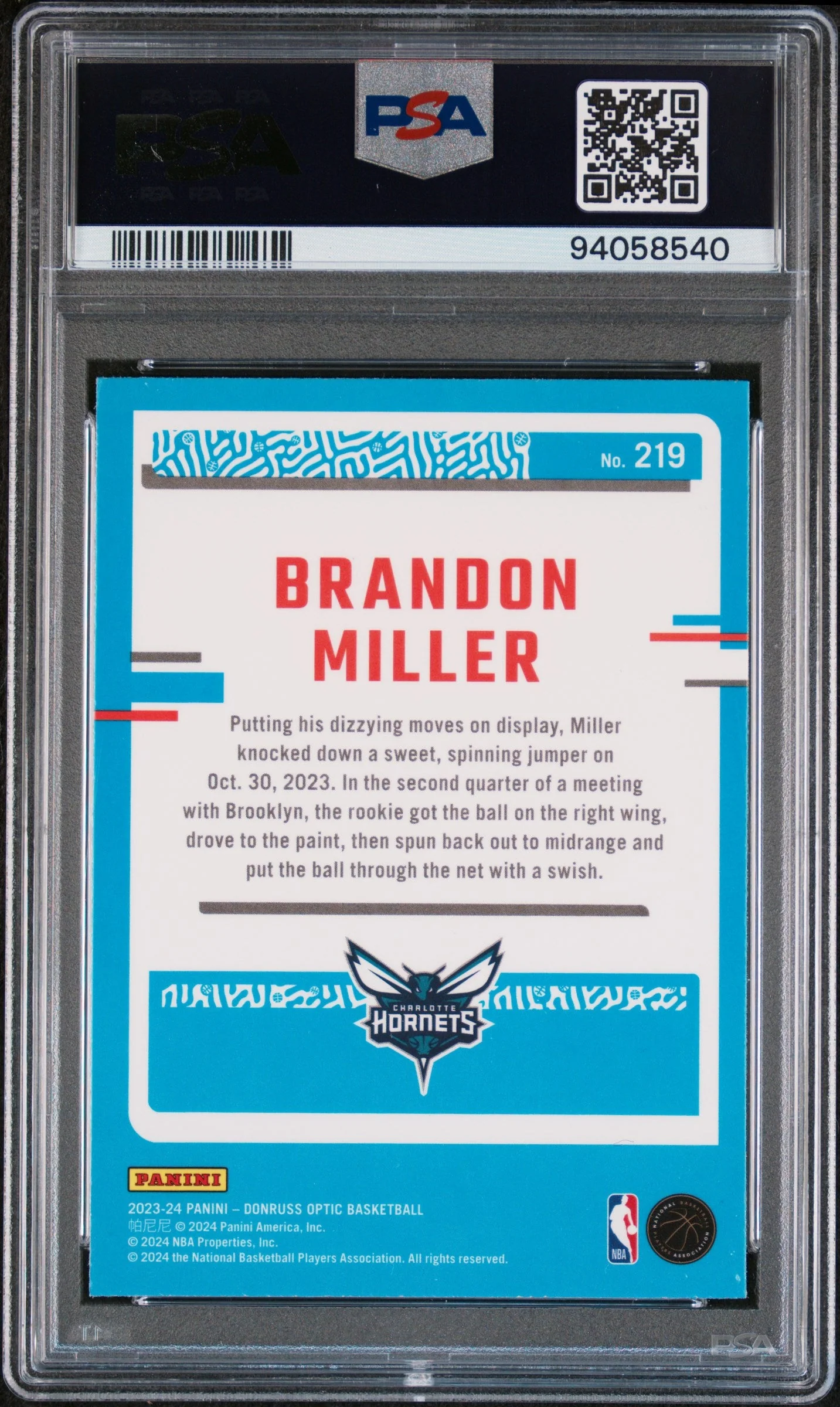 Graded 2023 Panini Donruss Optic Brandon Miller #219 Rookie RC Basketball Card PSA 10 Gem Mint - Image 2