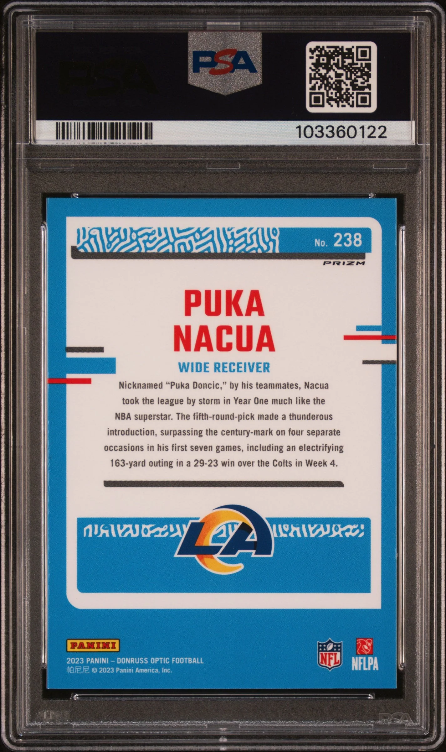 Graded 2023 Panini Donruss Optic Puka Nacua #238 Pink Rookie RC Football Card PSA 10 Gem Mint - Image 2
