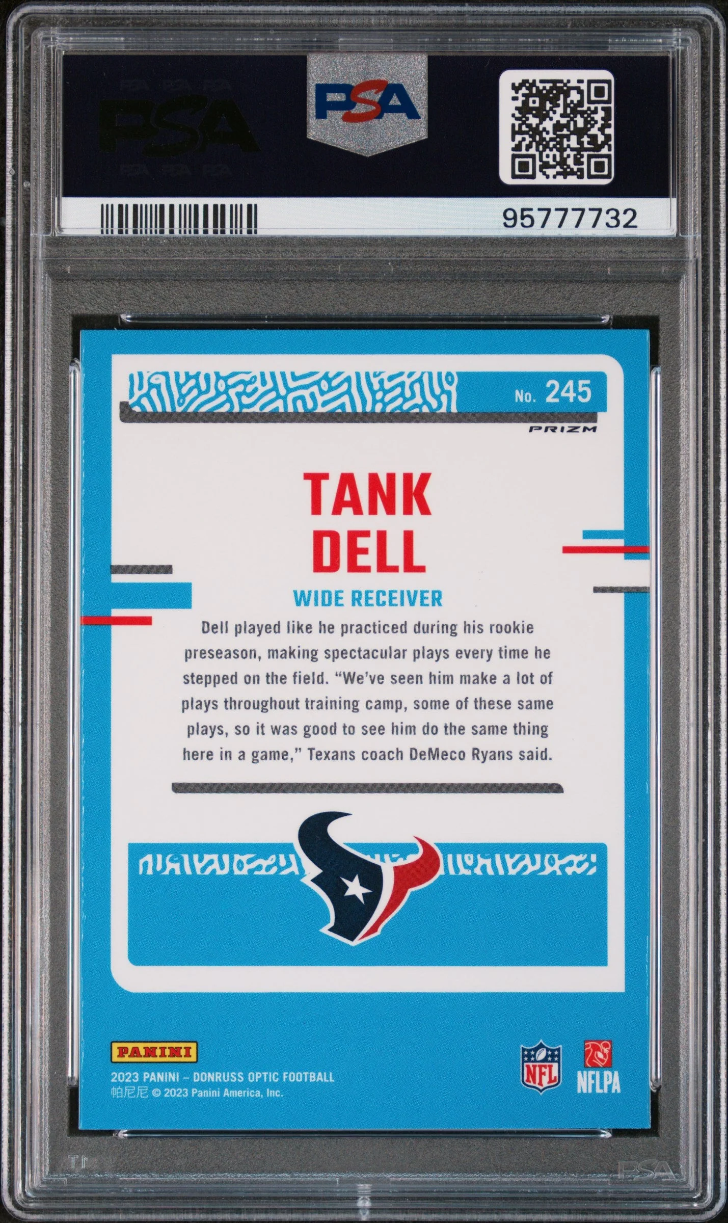 Graded 2023 Panini Donruss Optic Tank Dell #245 Pink Rookie RC Football Card PSA 10 Gem Mint - Image 2