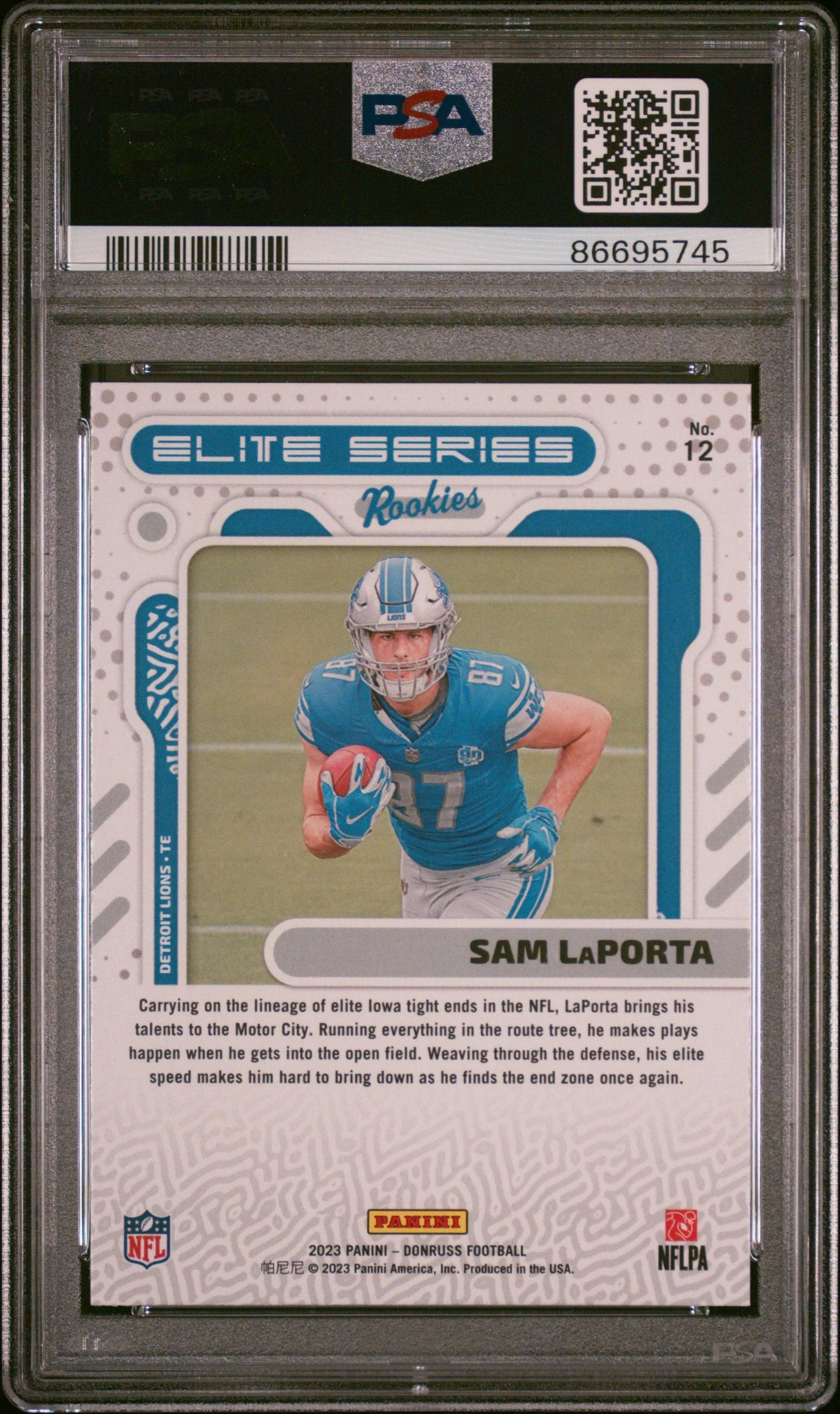 Graded 2023 Panini Donruss Sam LaPorta #12 Elite Series Rookies RC Football Card PSA 10 Gem Mint - Image 2
