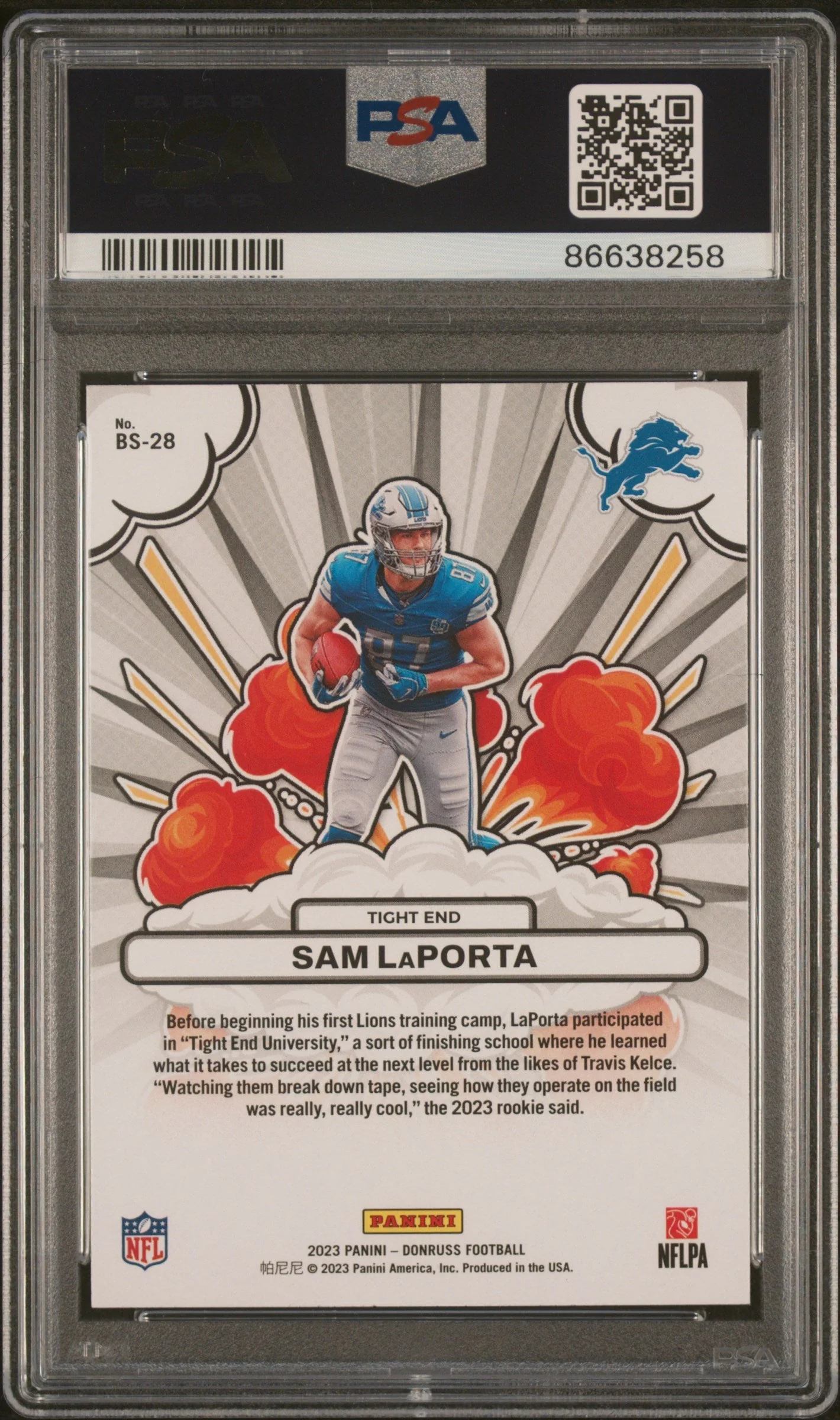 Graded 2023 Panini Donruss Sam LaPorta #BS28 Bomb Squad Rookie RC Football Card PSA 10 Gem Mint - Image 2