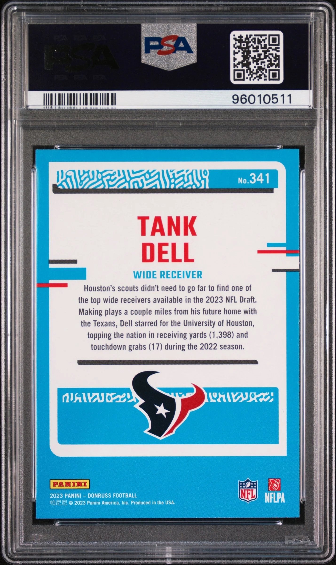 Graded 2023 Panini Donruss Tank Dell #341 Rookie RC Football Card PSA 10 Gem Mint - Image 2