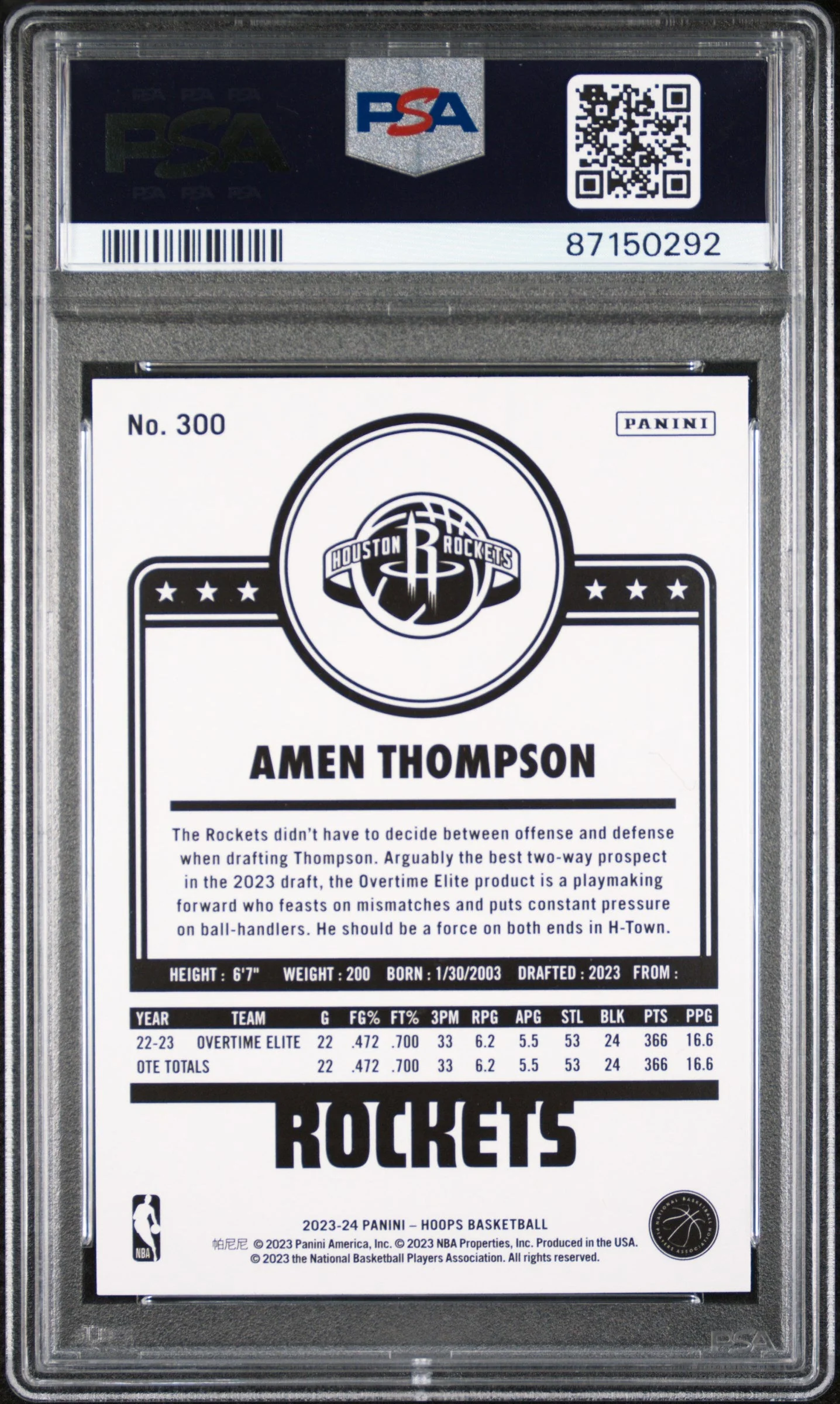 Graded 2023 Panini Hoops Amen Thompson #300 Rookie RC Basketball Card PSA 10 Gem Mint - Image 2