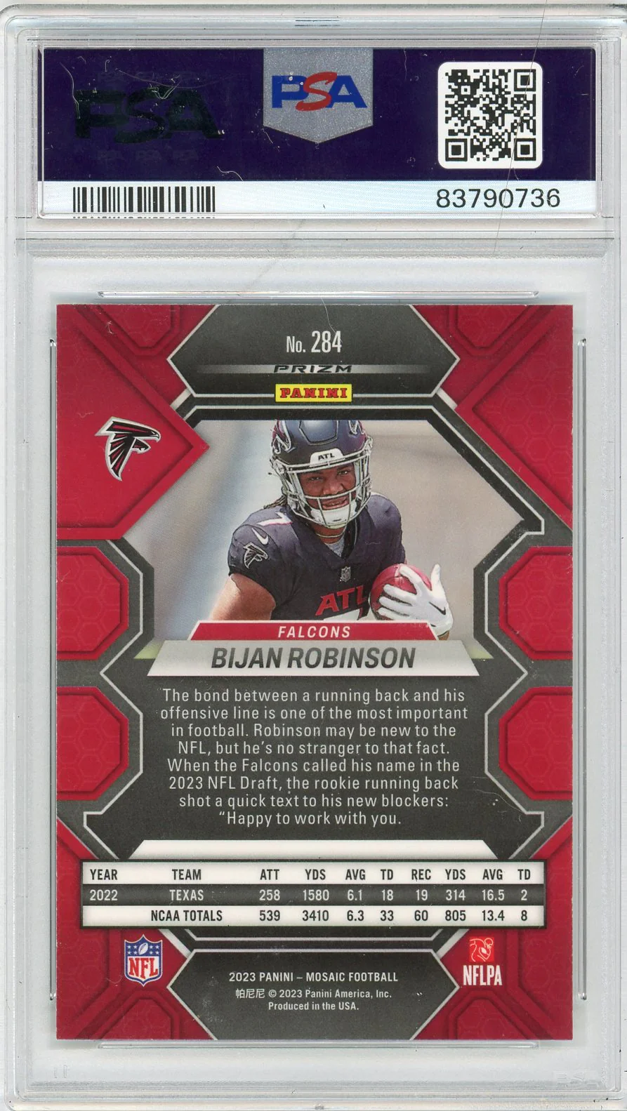 Graded 2023 Panini Mosaic Bijan Robinson #284 Mosaic Rookie RC Football Card PSA 10 Gem Mint - Image 2