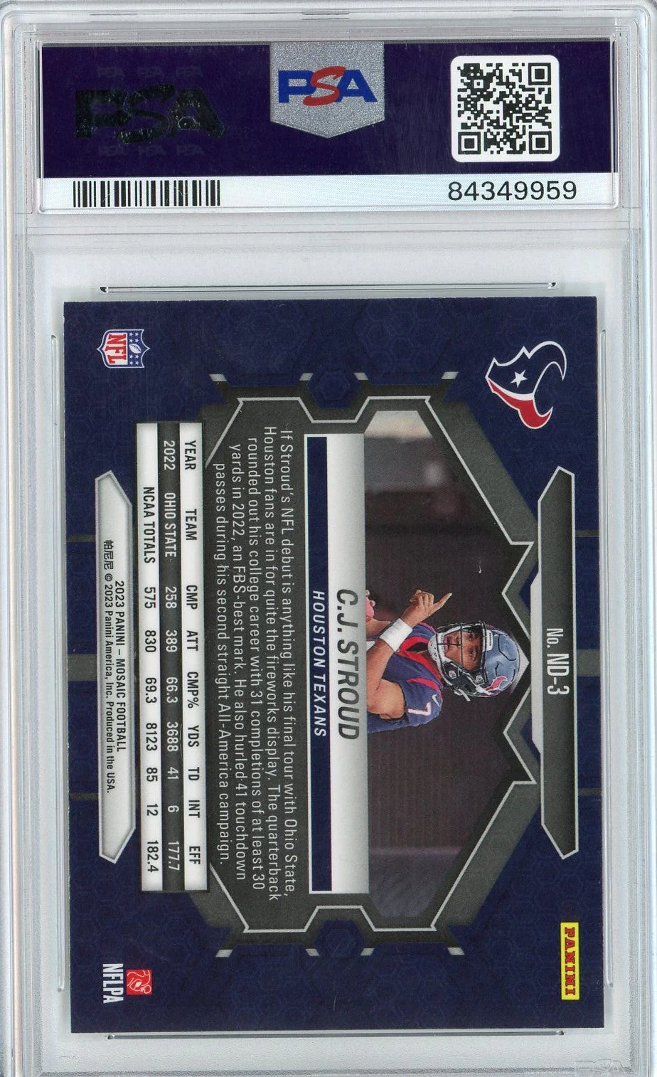 Graded 2023 Panini Mosaic CJ Stroud #ND3 NFL Debut Rookie RC Football Card PSA 10 Gem Mint - Image 2
