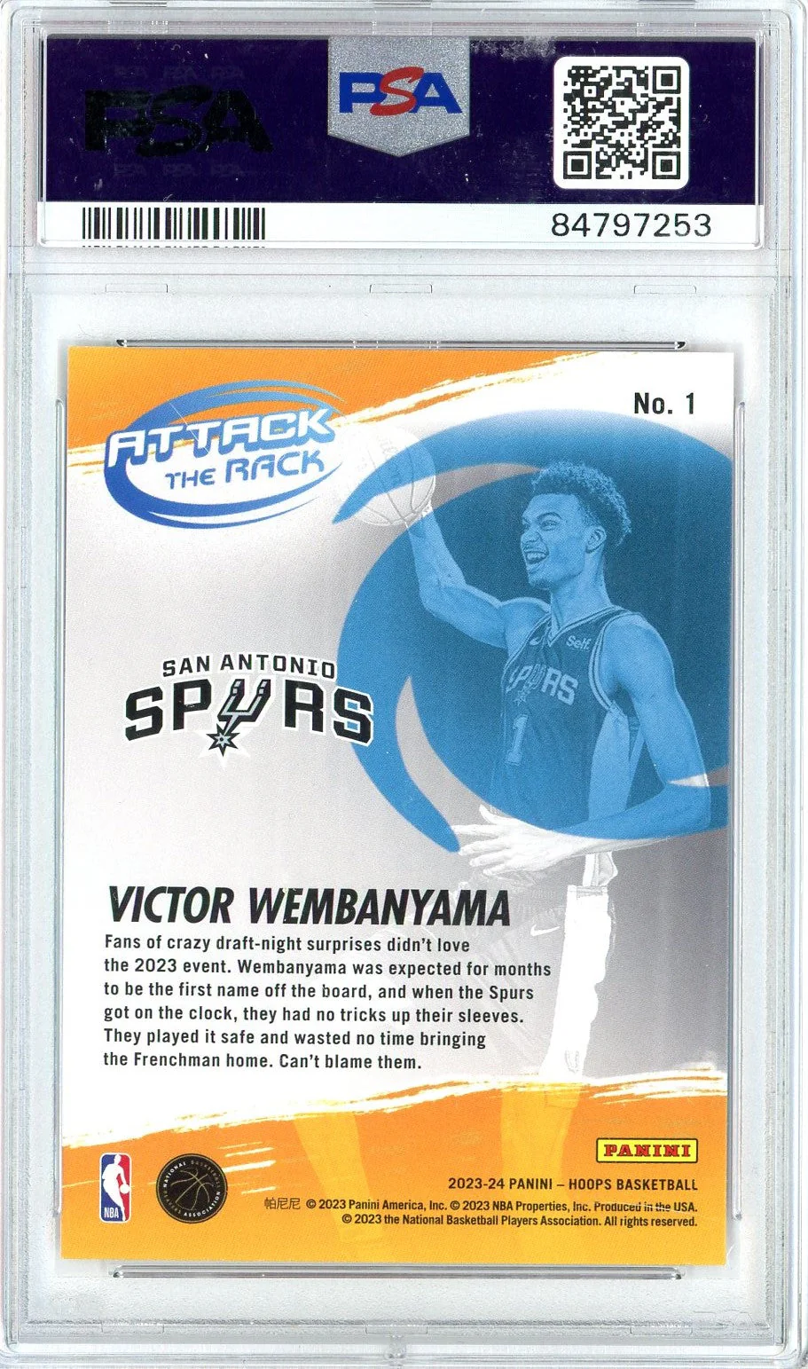 Graded 2023 Panini NBA Hoops Victor Wembanyama #1 Attack The Rack Rookie RC Basketball Card PSA 10 Gem Mint - Image 2