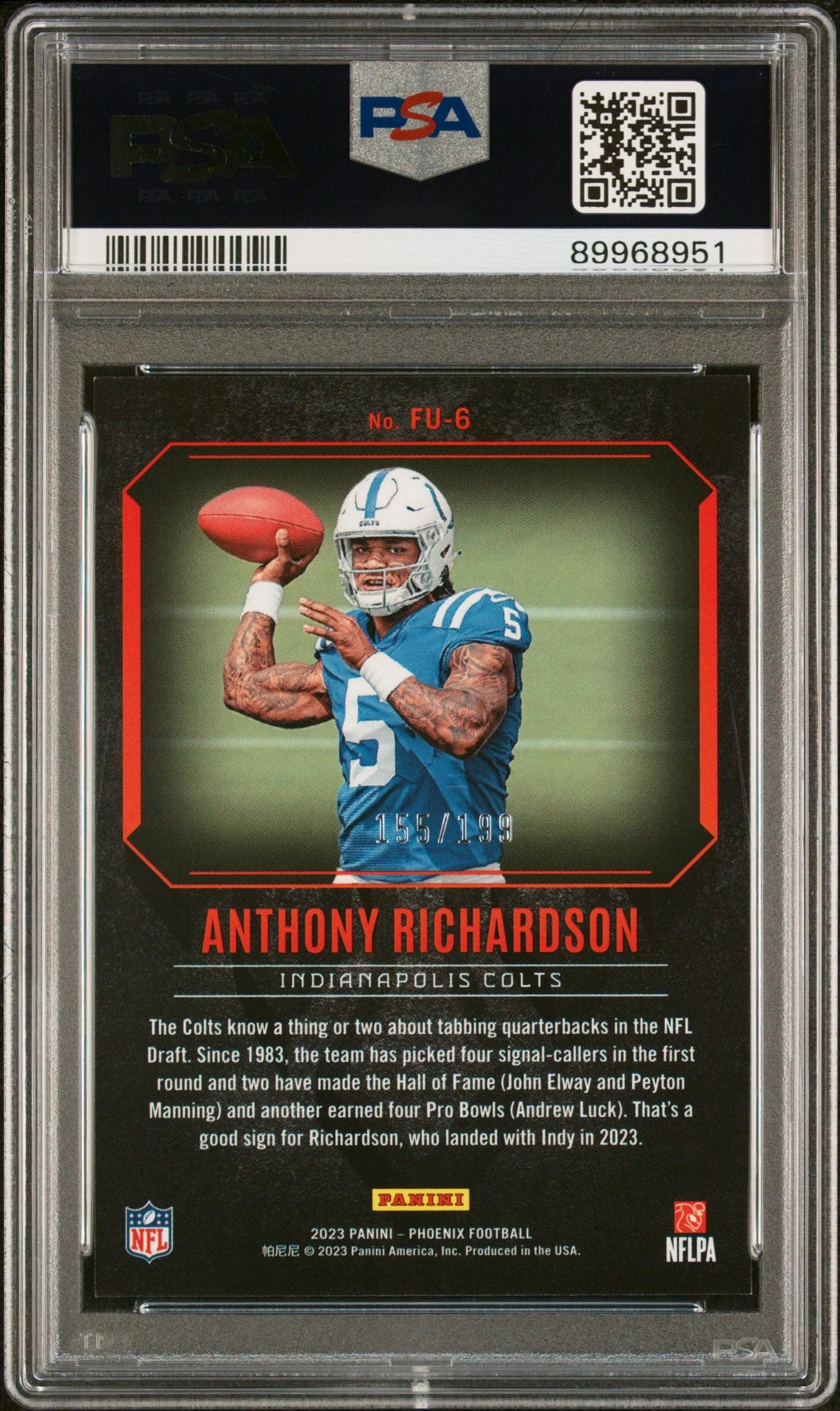 Graded 2023 Panini Phoenix Anthony Richardson #FU6 Fired Up Red /199 Rookie RC Football Card PSA 10 Gem Mint - Image 2