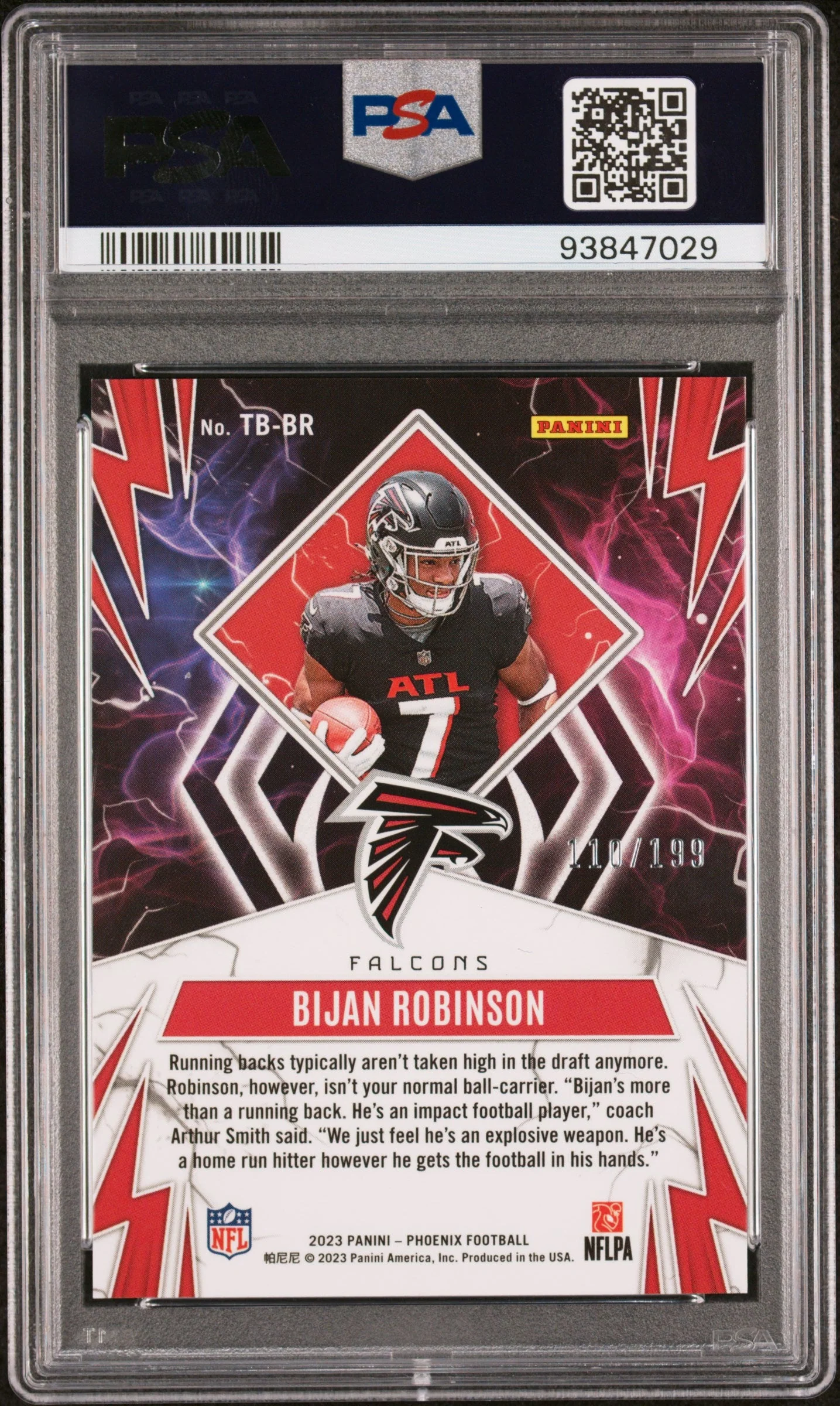 Graded 2023 Panini Phoenix Bijan Robinson #TBBR1 Thunderbirds Red /199 Rookie RC Football Card PSA 10 Gem Mint - Image 2