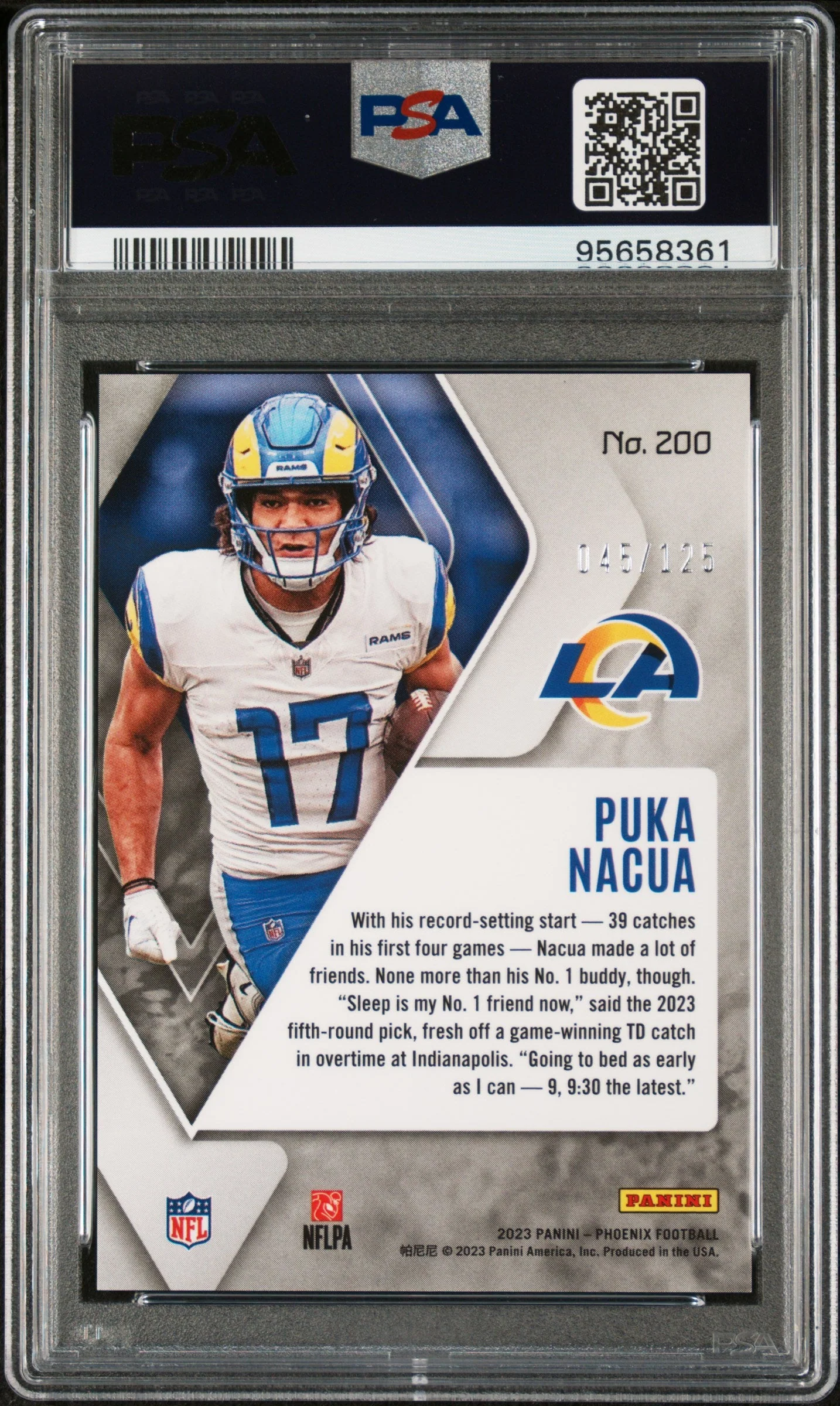 Graded 2023 Panini Phoenix Puka Nacua #200 Purple /125 Rookie RC Football Card PSA 10 Gem Mint - Image 2