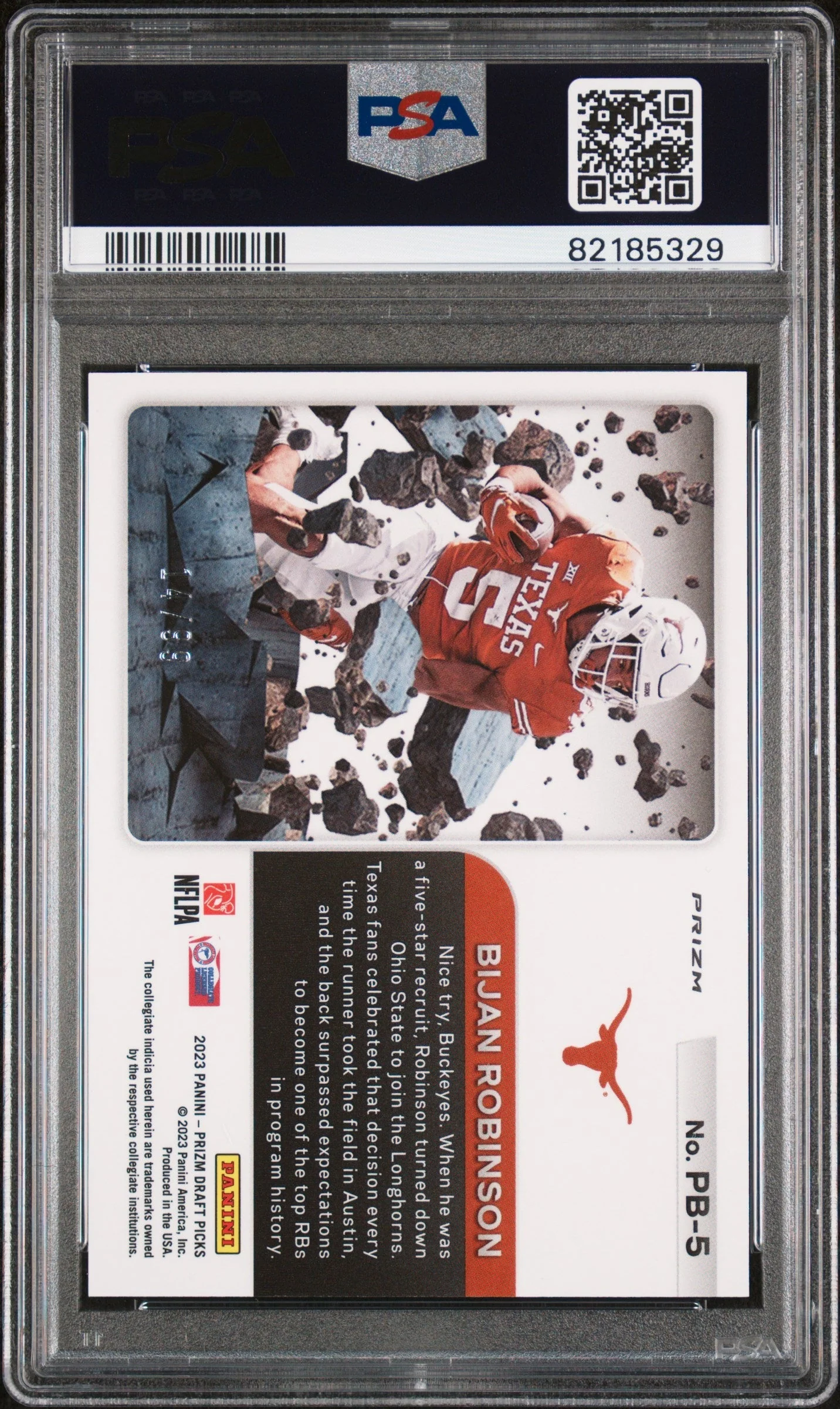 Graded 2023 Panini Prizm Draft Picks Bijan Robinson #PB5 Prizm Break Blue Ice #/99 Rookie RC Football Card PSA 10 Gem Mint - Image 2