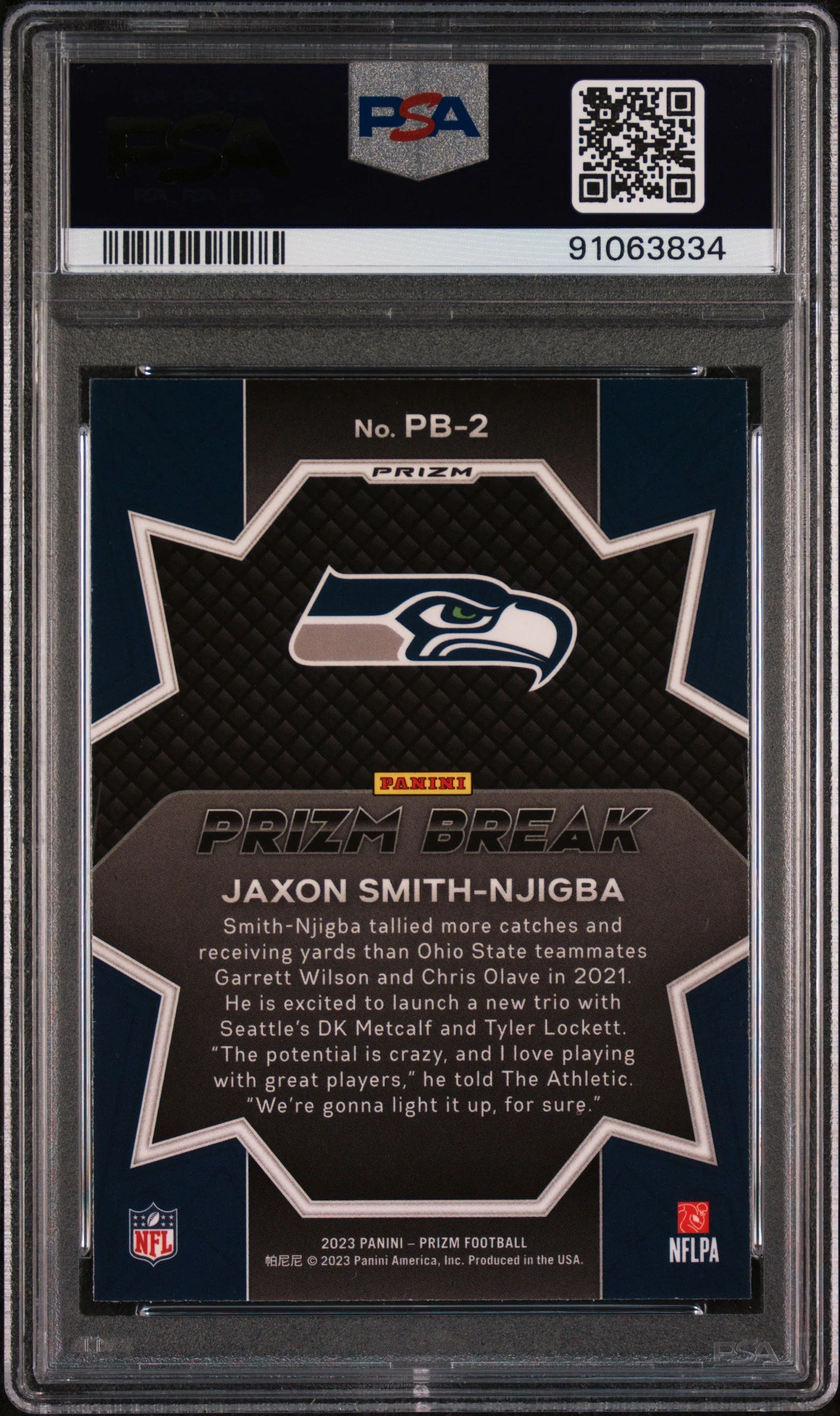 Graded 2023 Panini Prizm Jaxon Smith-Njigba #PB2 Prizm Break Green Rookie RC Football Card PSA 10 Gem Mint - Image 2
