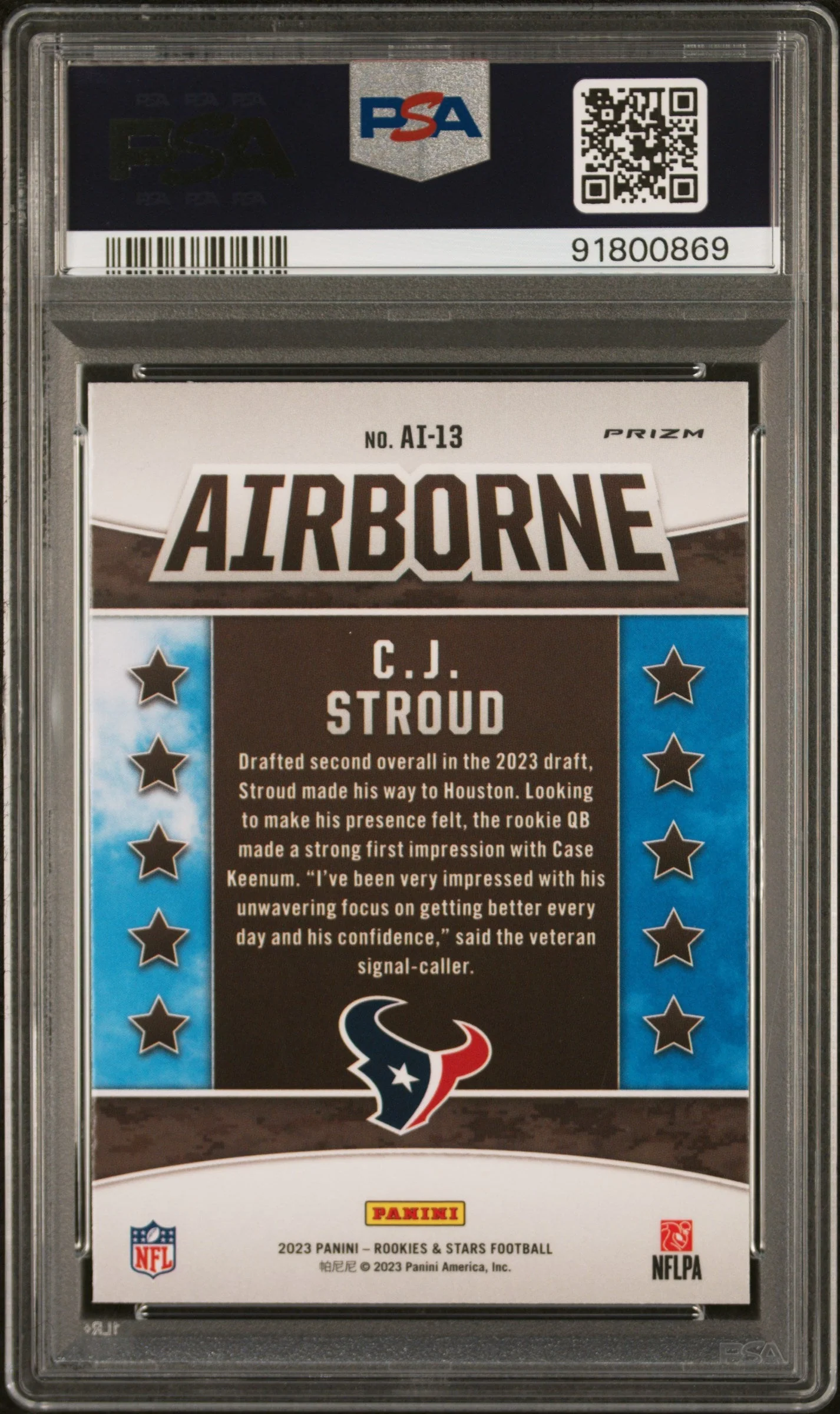 Graded 2023 Panini Rookies & Stars CJ Stroud #AI13 Airborne Silver Rookie RC Football Card PSA 10 Gem Mint - Image 2