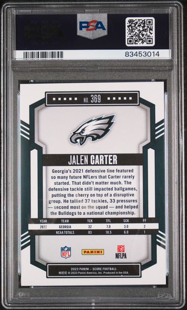 Graded 2023 Panini Score Jalen Carter #369 Gold Zone Rookie RC Football Card PSA 10 Gem Mint - Image 2