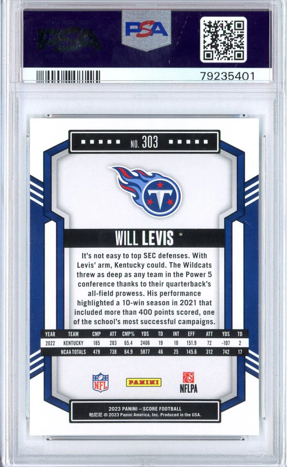 Graded 2023 Panini Score Will Levis #303 Rookie RC Football Card PSA 10 Gem Mint - Image 2