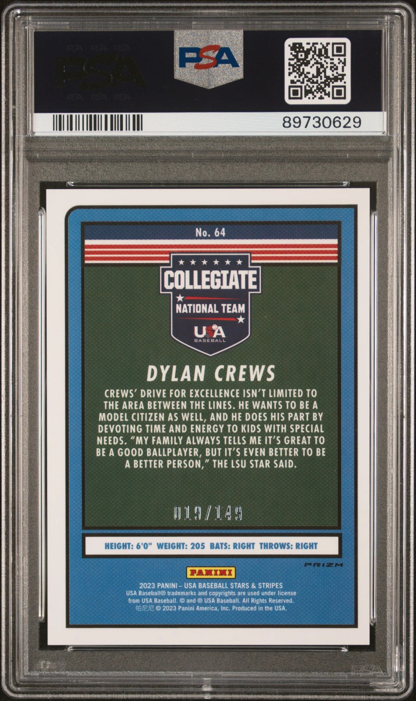 Graded 2023 Panini Stars & Stripes USA Dylan Crews #64 Red /149 Rookie RC Baseball Card PSA 10 Gem Mint - Image 2