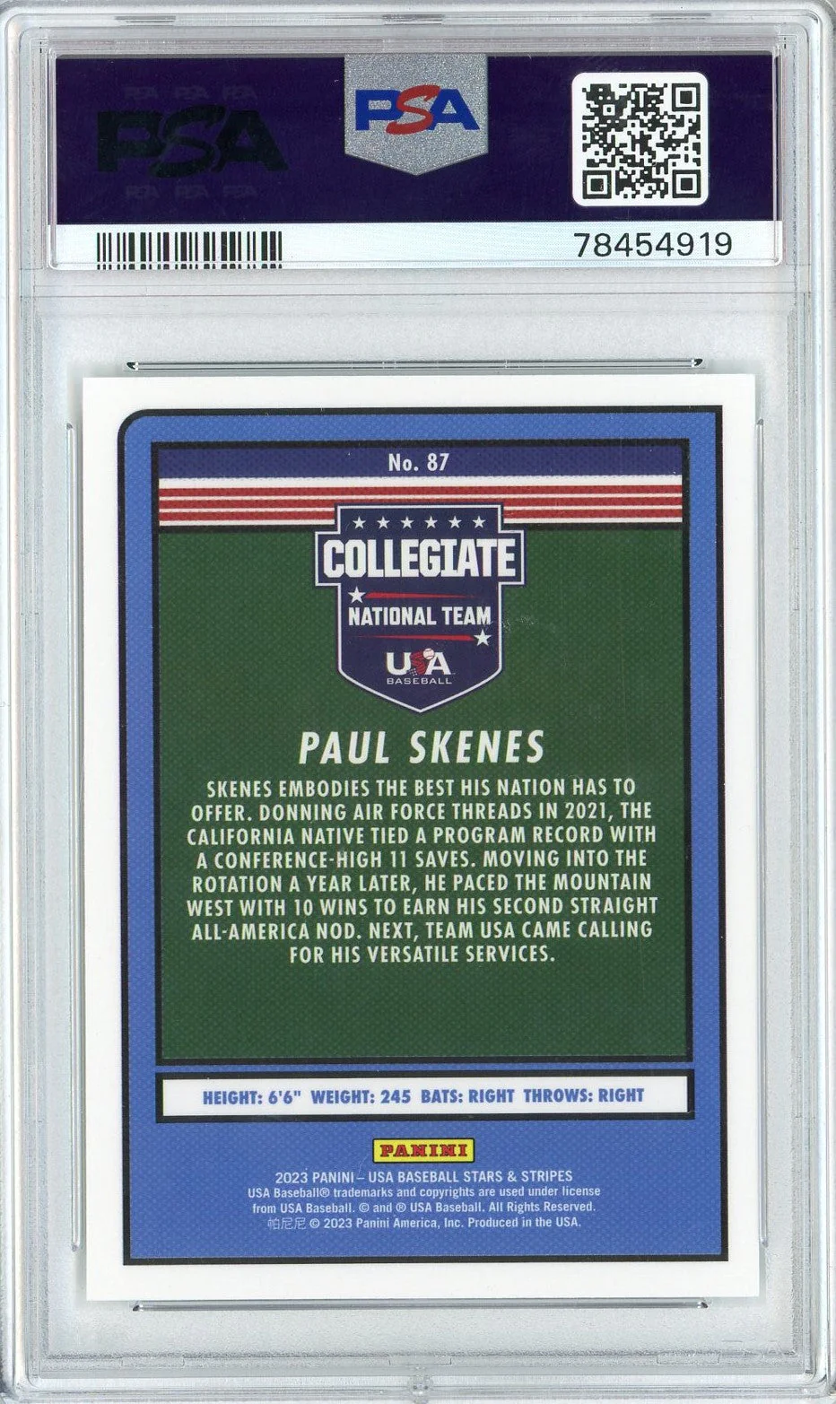 Graded 2023 Panini Stars & Stripes USA Paul Skenes #87 Rookie RC Baseball Card PSA 10 Gem Mint - Image 2