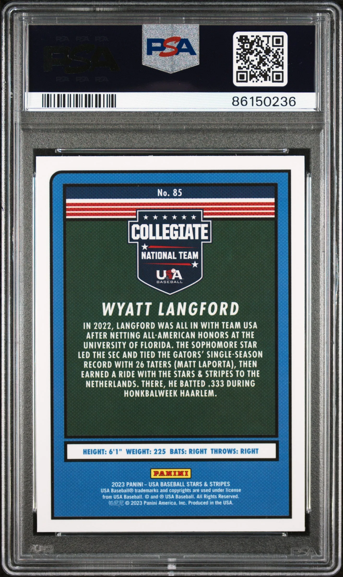 Graded 2023 Panini Stars & Stripes USA Wyatt Langford #85 Rookie RC Baseball Card PSA 10 Gem Mint - Image 2