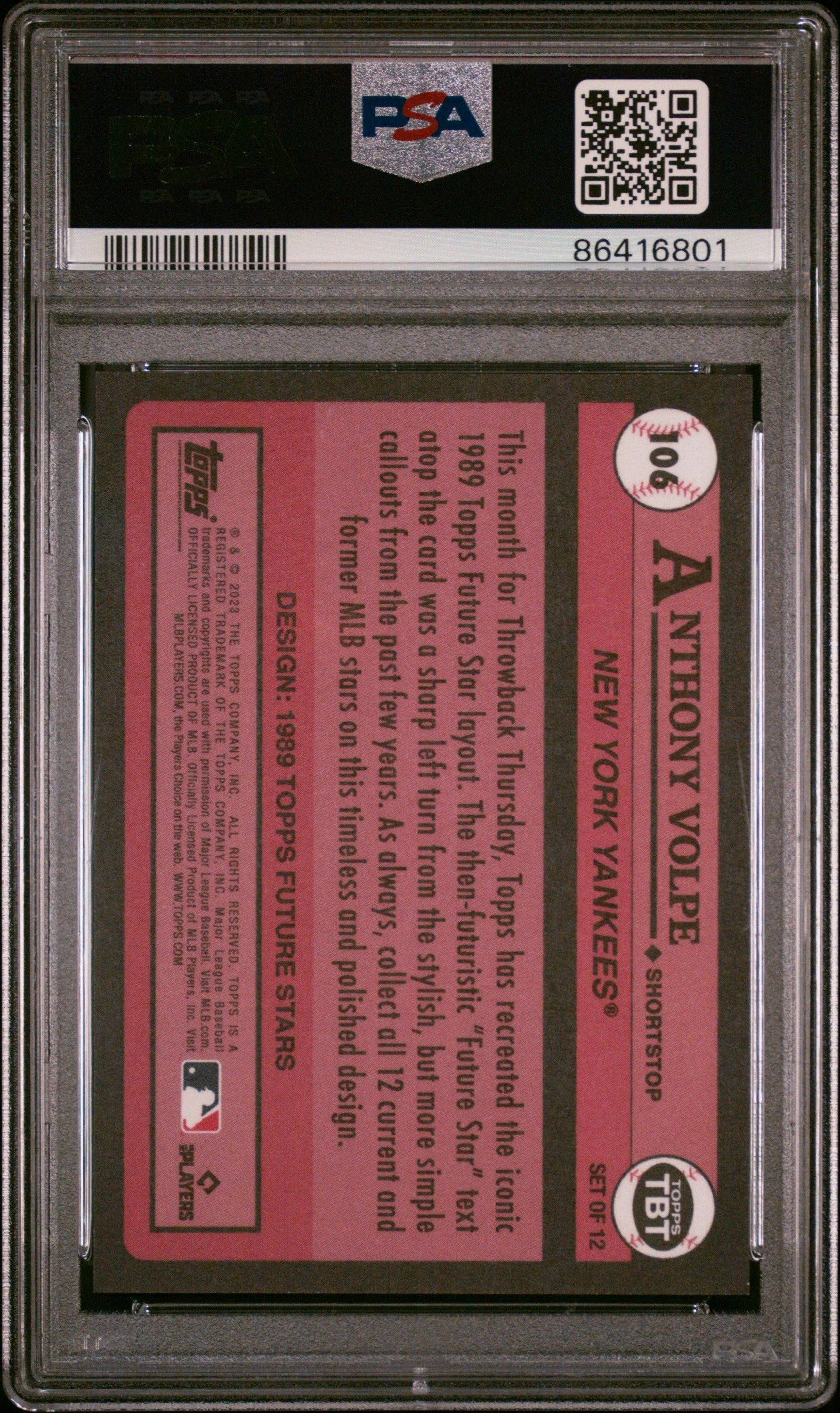Graded 2023 Topps Anthony Volpe #106 Throwback Thursday Rookie RC Baseball Card PSA 10 Gem Mint - Image 2